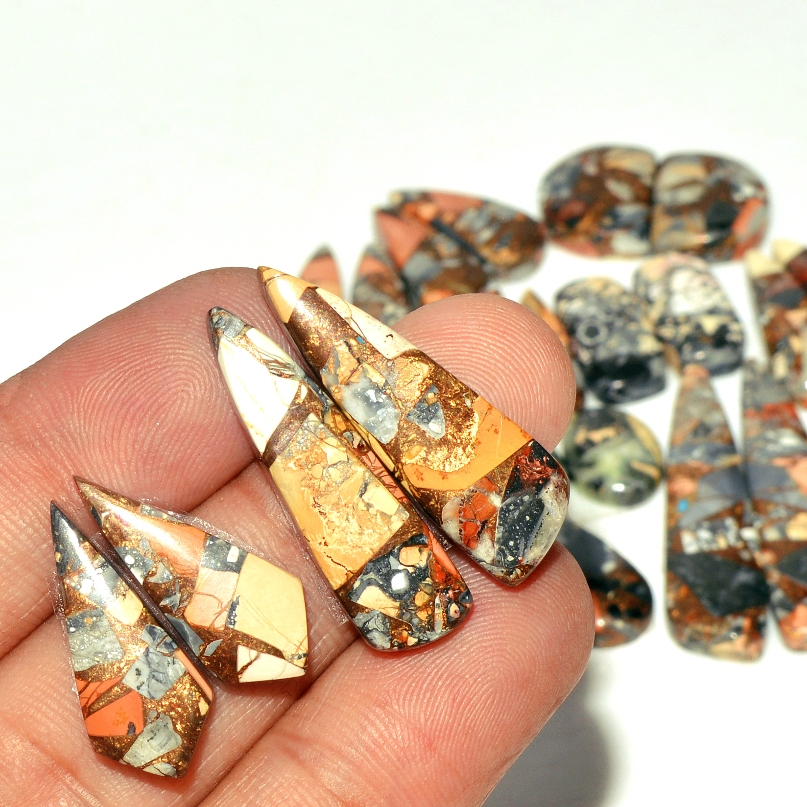 14 Pairs 208 Cts Natural Maligano Jasper Gemstone Cabochon Pair Lot for Silver Earrings 37x9 12x9mm 18907