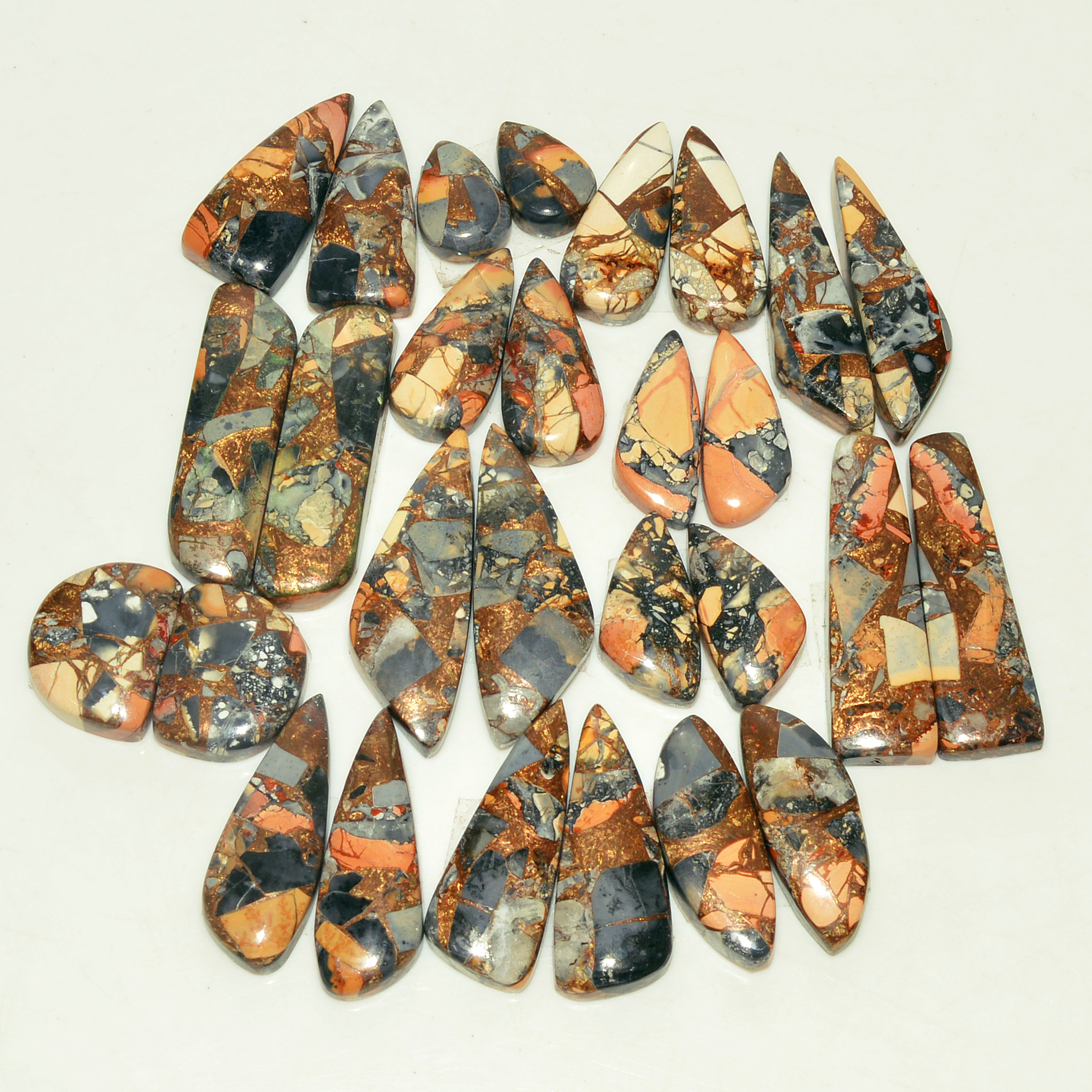 14 Pairs 217 Cts Natural Maligano Jasper Gemstone Cabochon Pair Lot for Silver Earrings 29x9 12x8mm 18908