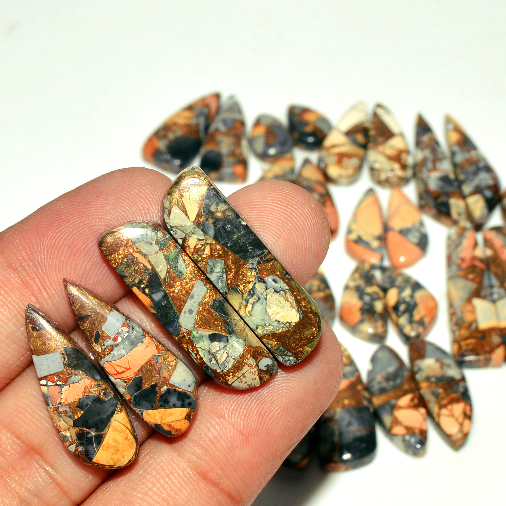 14 Pairs 217 Cts Natural Maligano Jasper Gemstone Cabochon Pair Lot for Silver Earrings 29x9 12x8mm 18908