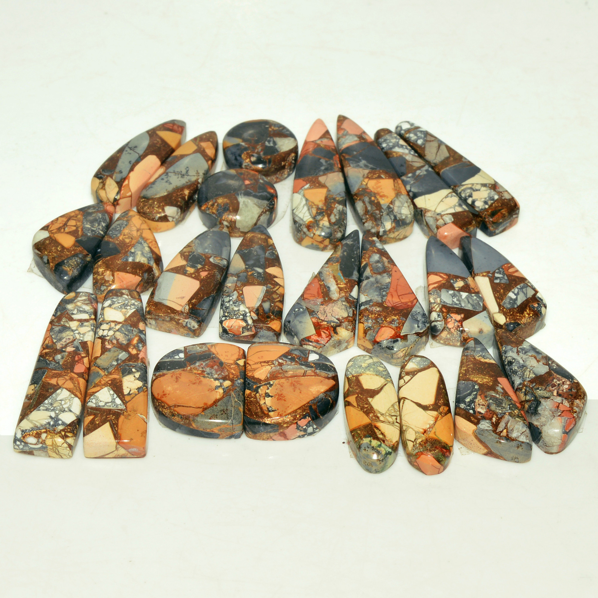 12 Pairs 193 Cts Natural Maligano Jasper Gemstone Cabochon Pair Lot for Silver Earrings 29x8 12x12mm 18909