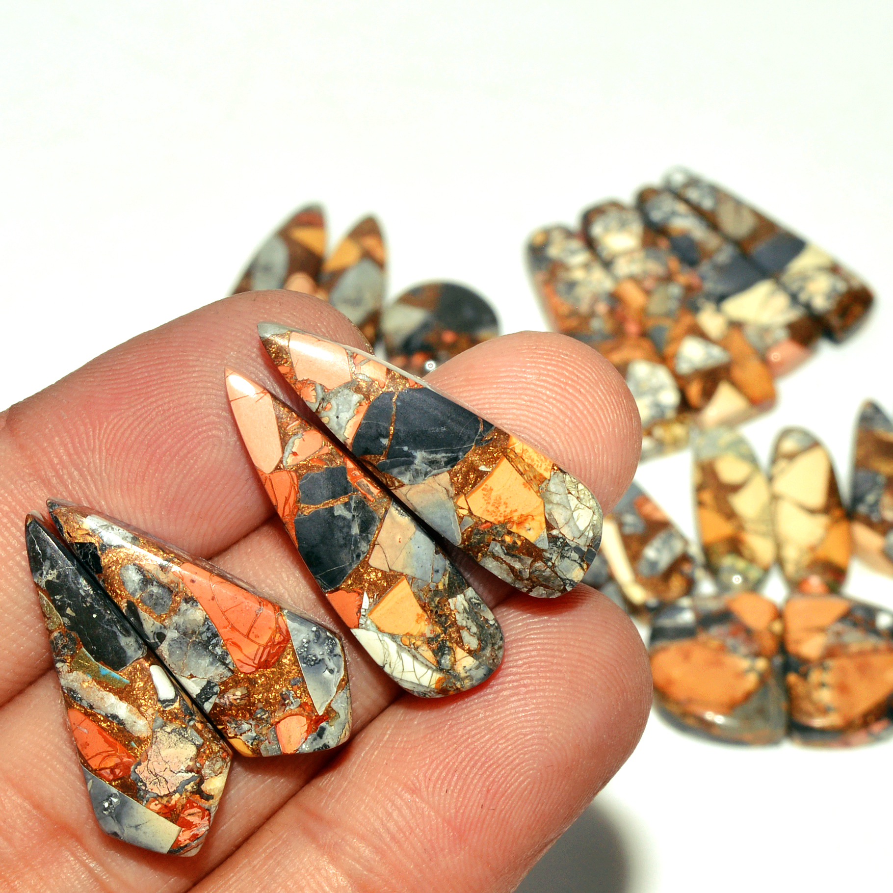 12 Pairs 193 Cts Natural Maligano Jasper Gemstone Cabochon Pair Lot for Silver Earrings 29x8 12x12mm 18909