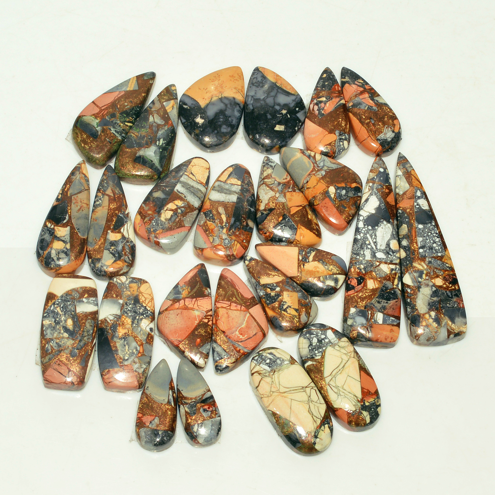 12 Pairs 199 Cts Natural Maligano Jasper Gemstone Cabochon Pair Lot for Silver Earrings 38x10 16x6mm 18910