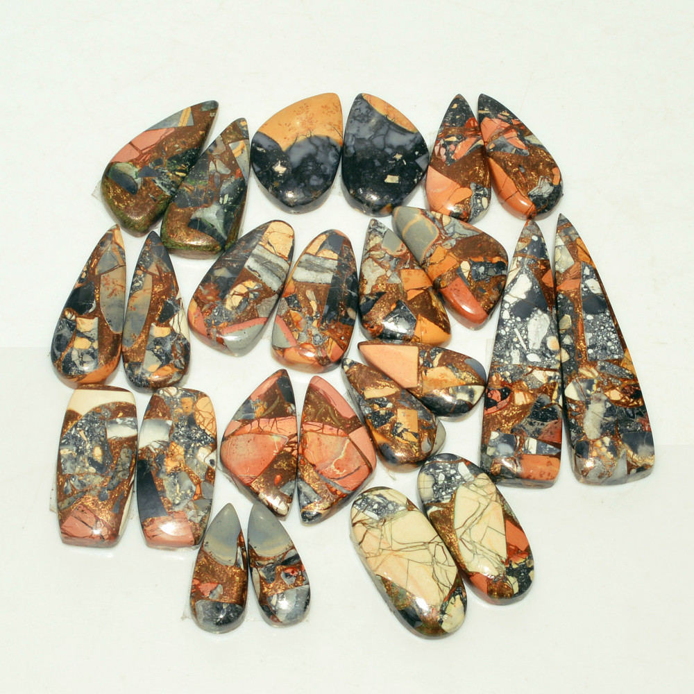 Image of 12 Pairs 199 Cts Natural Maligano Jasper Gemstone Cabochon Pair Lot for Silver Earrings 38x10  16x6mm #18910