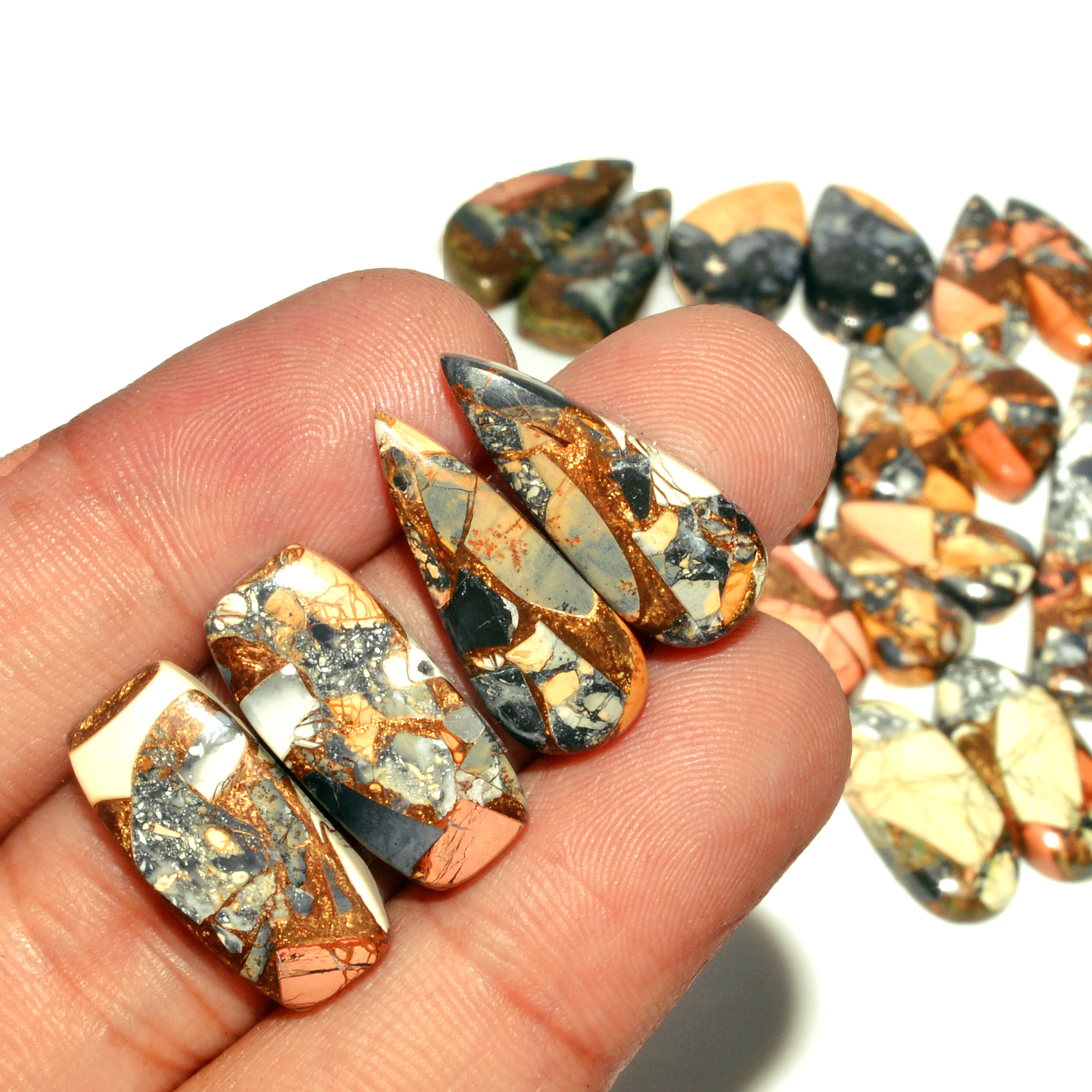 12 Pairs 199 Cts Natural Maligano Jasper Gemstone Cabochon Pair Lot for Silver Earrings 38x10 16x6mm 18910