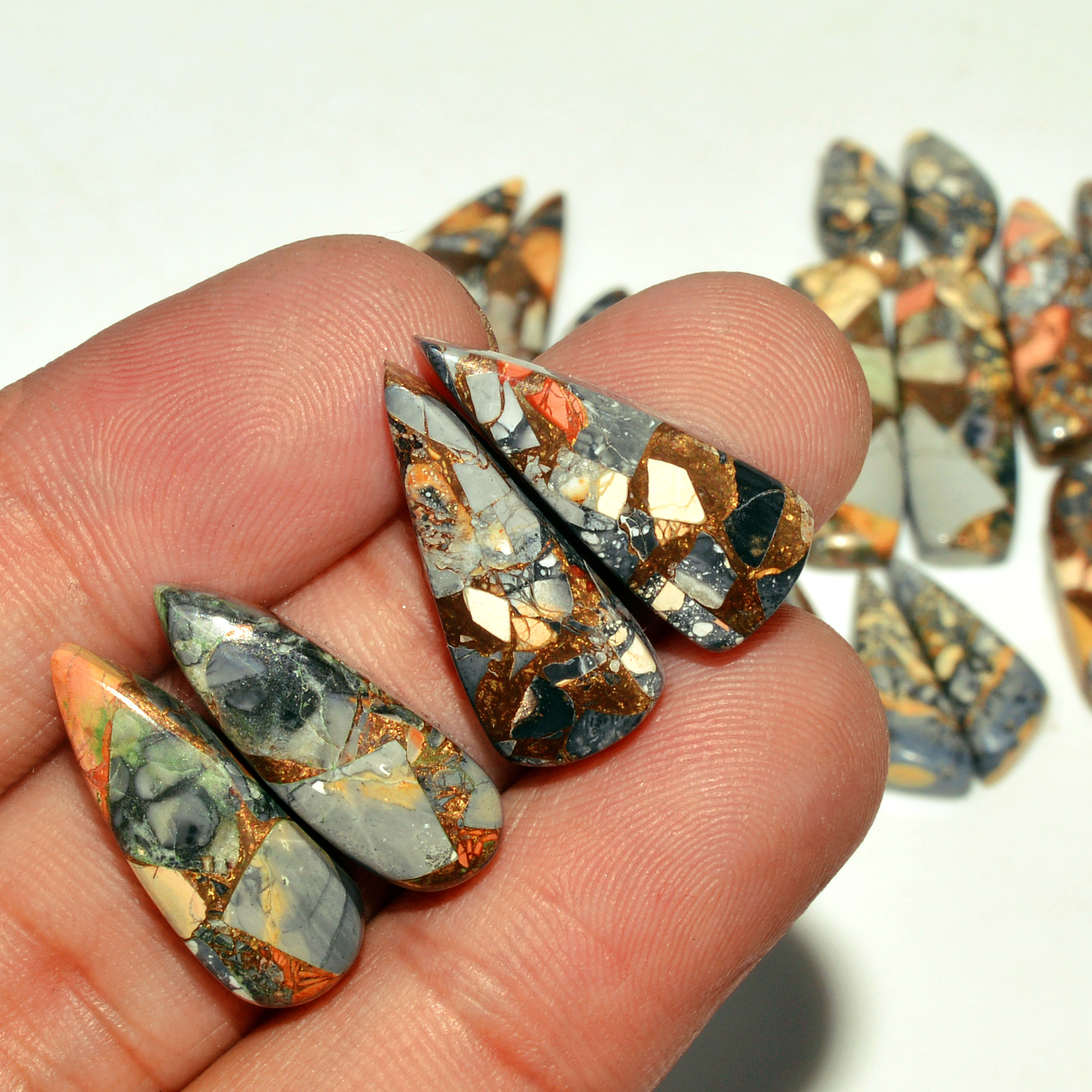 10 Pairs 142 Cts Natural Maligano Jasper Gemstone Cabochon Pair Lot for Silver Earrings 29x9 13x6mm 18912