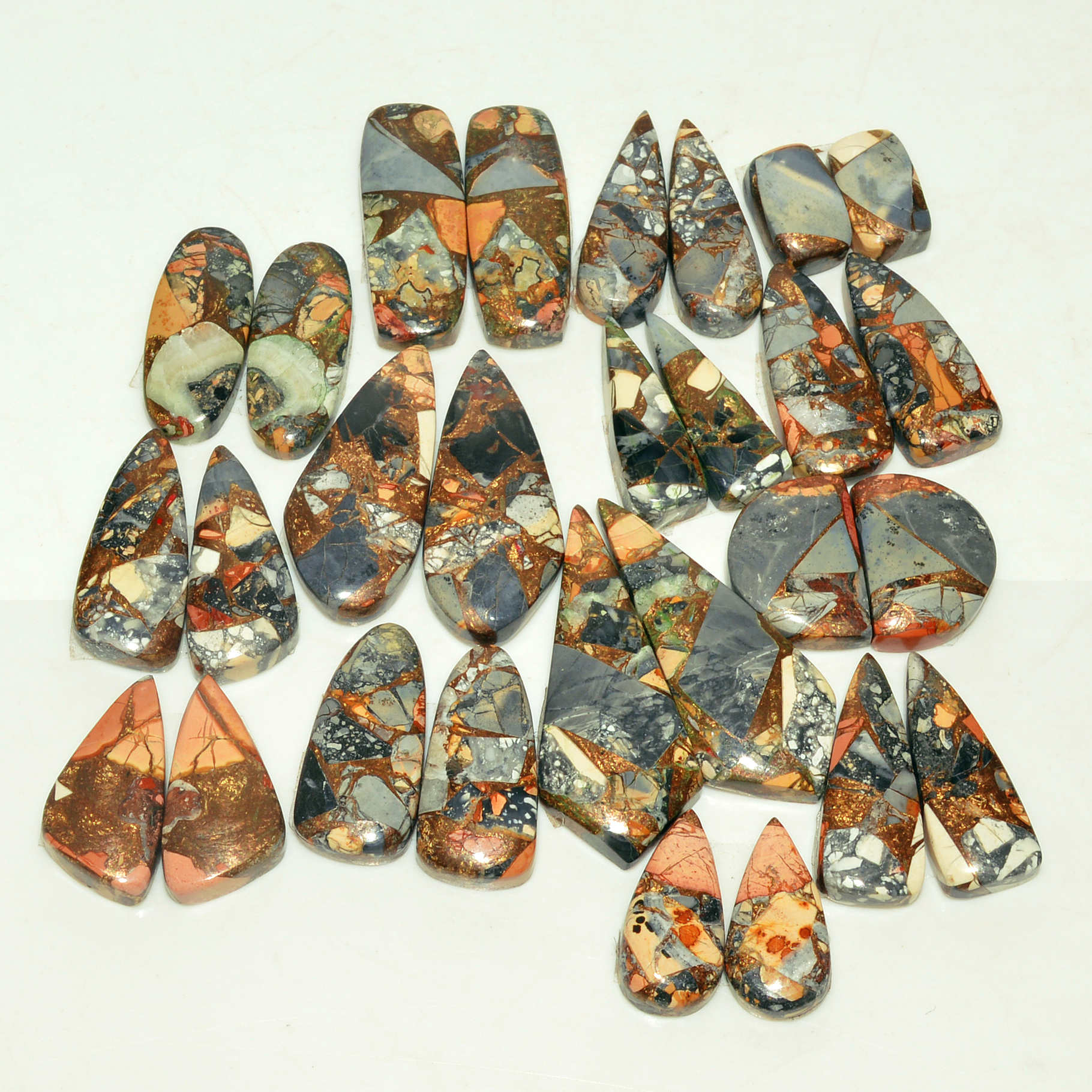 14 Pairs 207 Cts Natural Maligano Jasper Gemstone Cabochon Pair Lot for Silver Earrings 31x13 12x7mm 18913
