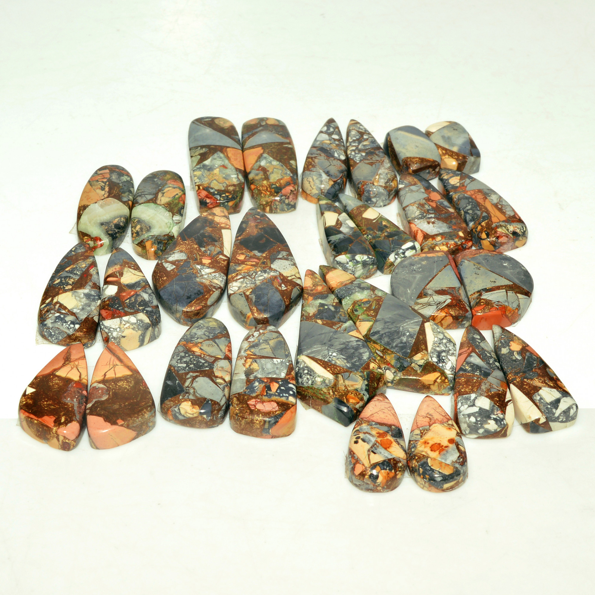 14 Pairs 207 Cts Natural Maligano Jasper Gemstone Cabochon Pair Lot for Silver Earrings 31x13 12x7mm 18913