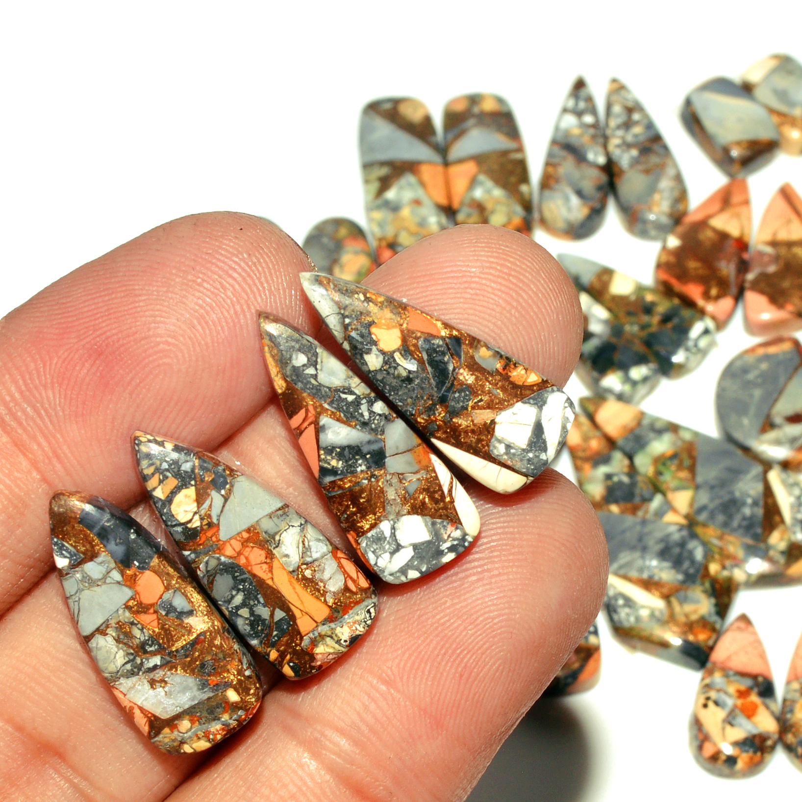 14 Pairs 207 Cts Natural Maligano Jasper Gemstone Cabochon Pair Lot for Silver Earrings 31x13 12x7mm 18913