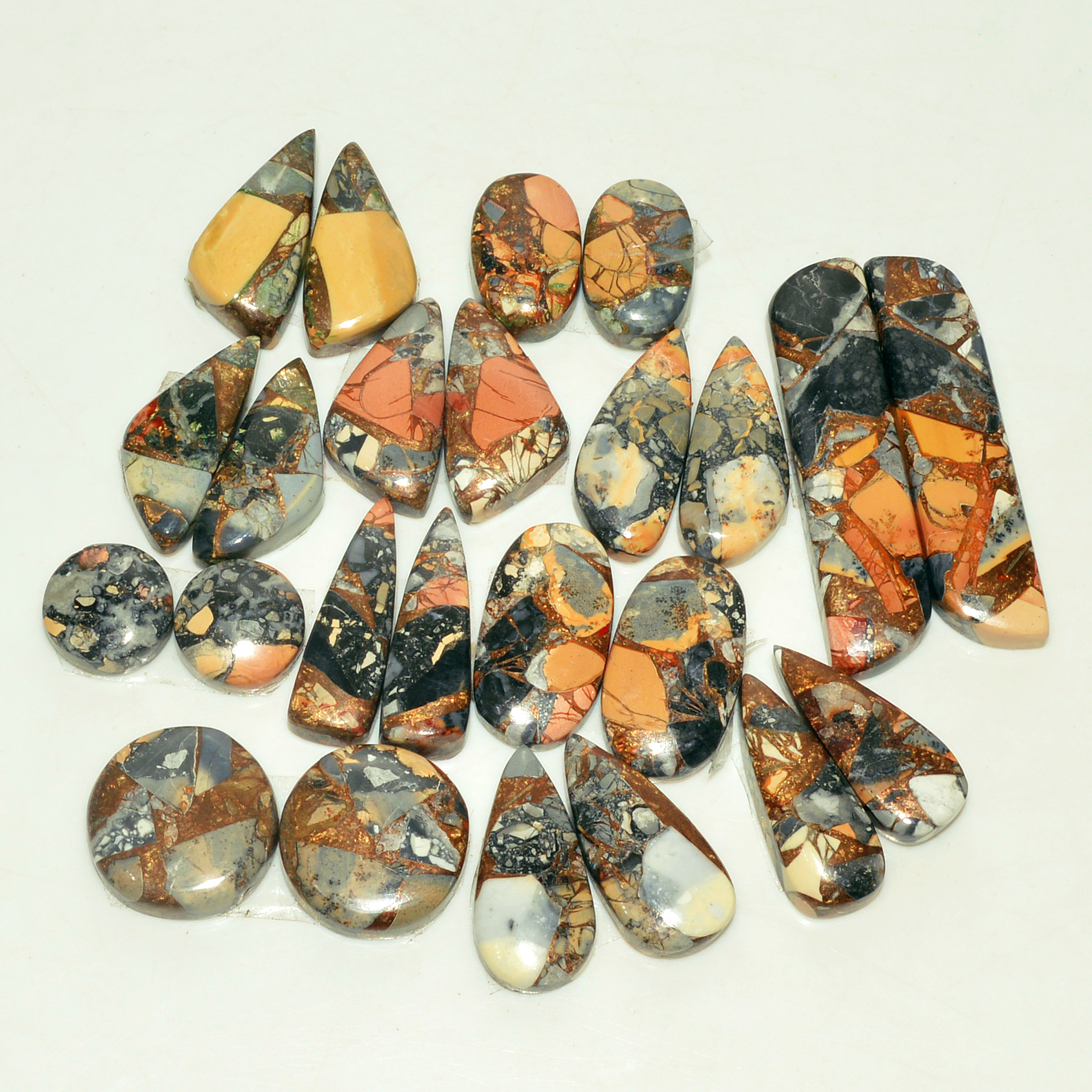 12 Pairs 182 Cts Natural Maligano Jasper Gemstone Cabochon Pair Lot for Silver Earrings 37x9 10x10mm 18914