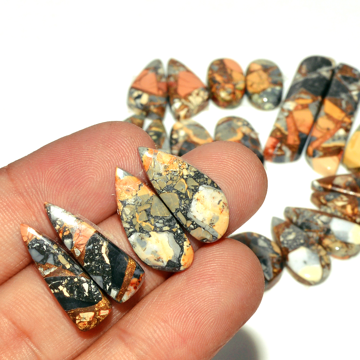 12 Pairs 182 Cts Natural Maligano Jasper Gemstone Cabochon Pair Lot for Silver Earrings 37x9 10x10mm 18914