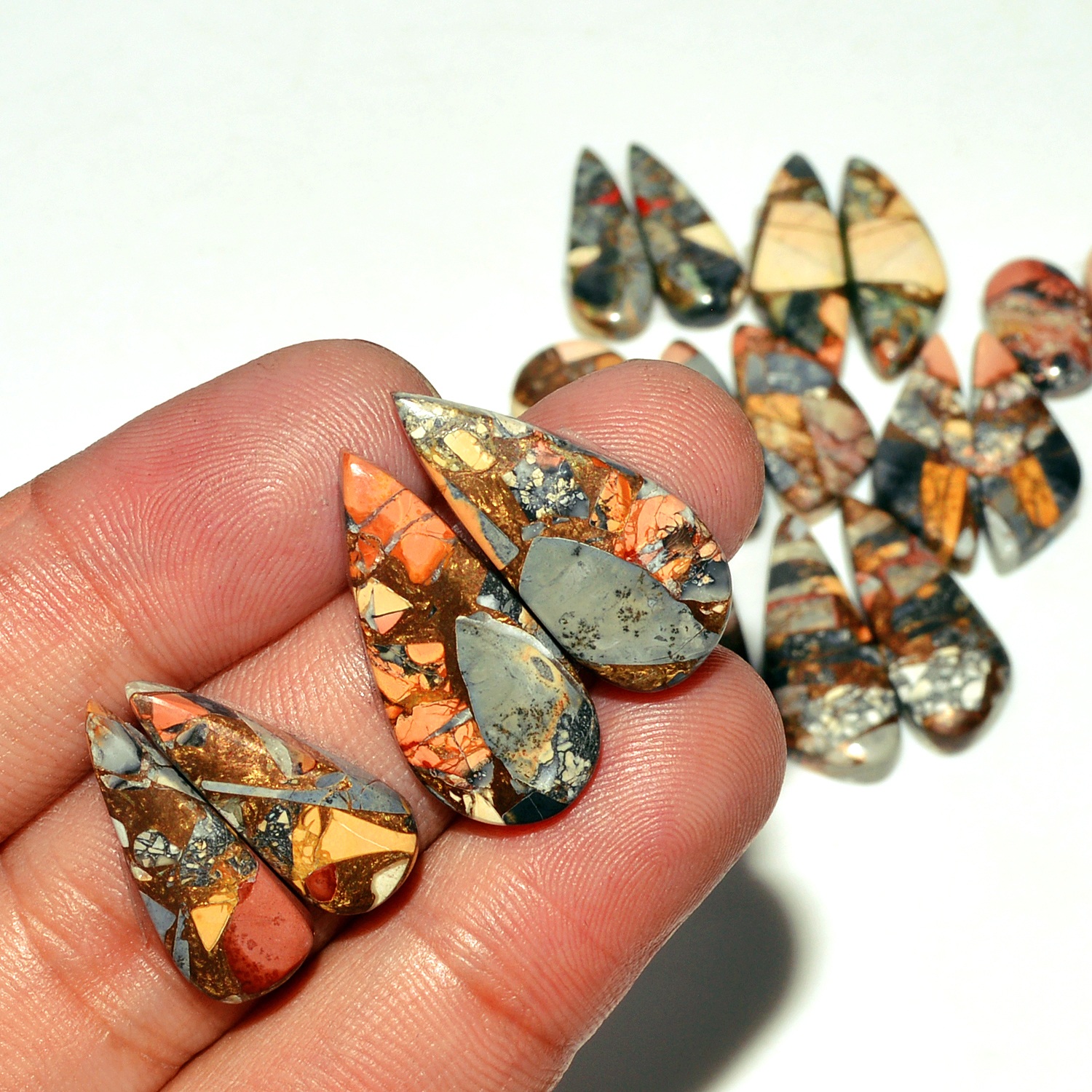 10 Pairs 151 Cts Natural Maligano Jasper Gemstone Cabochon Pair Lot for Silver Earrings 26x11 11x11mm 18915