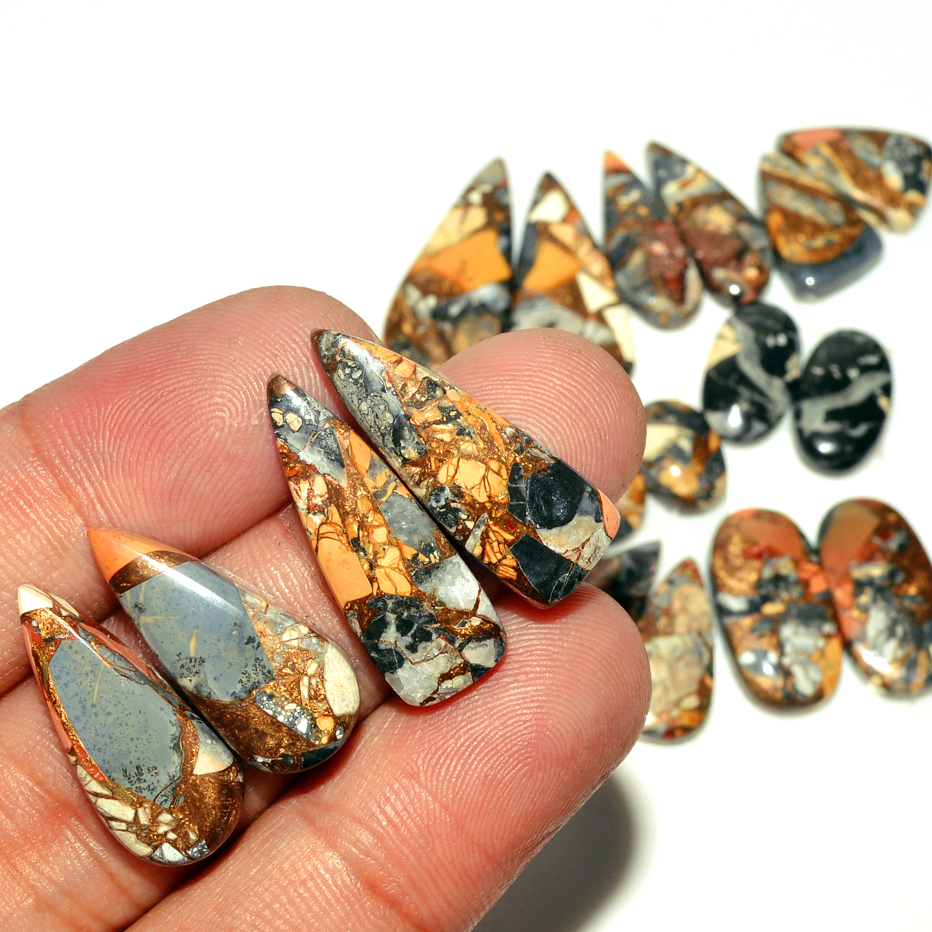 10 Pairs 140 Cts Natural Maligano Jasper Gemstone Cabochon Pair Lot for Silver Earrings 28x12 12x8mm 18916