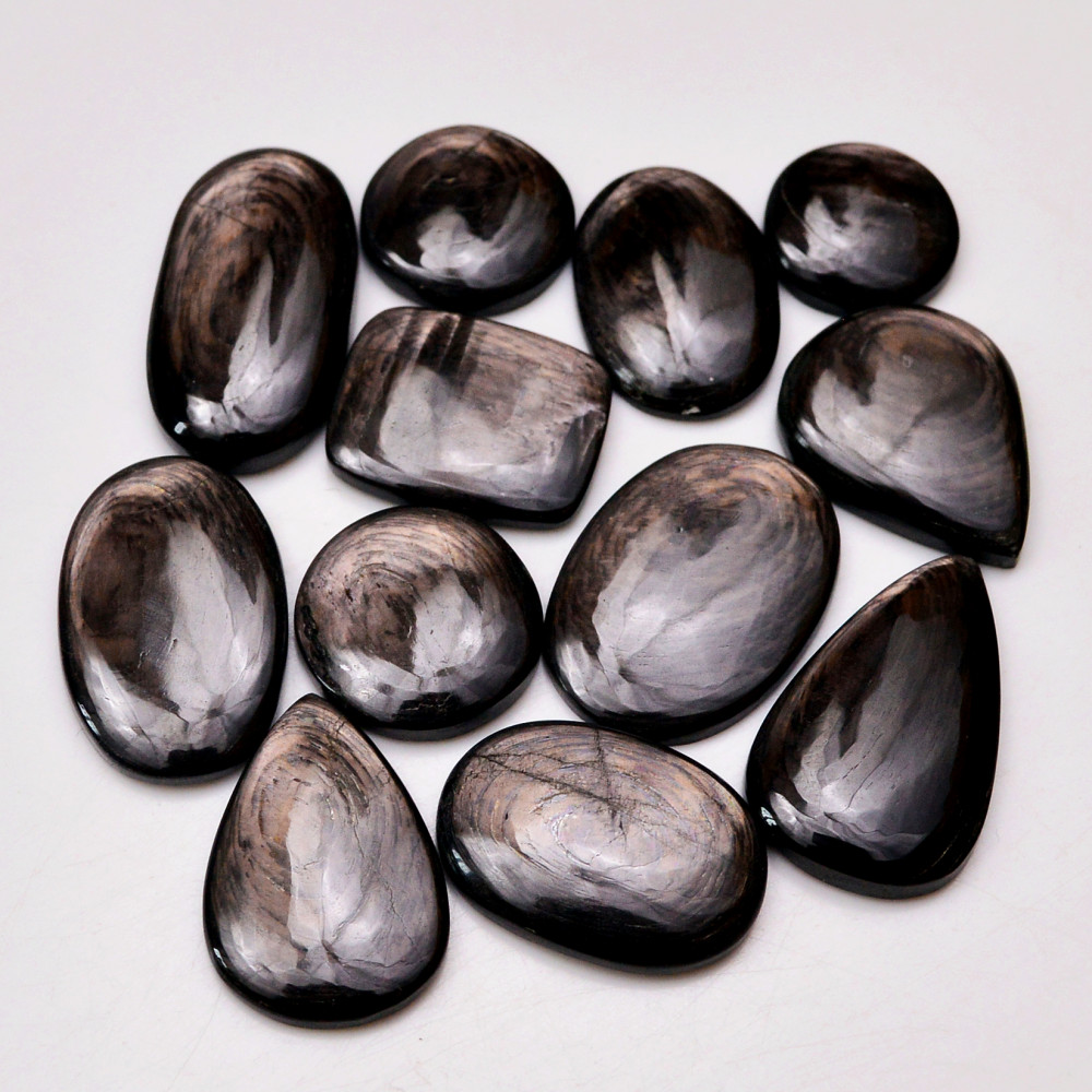Image of 12 Pcs 243 Cts Natural Hypersthene Gemstone Cabochon Lot 29X18  16X16 mm #18940