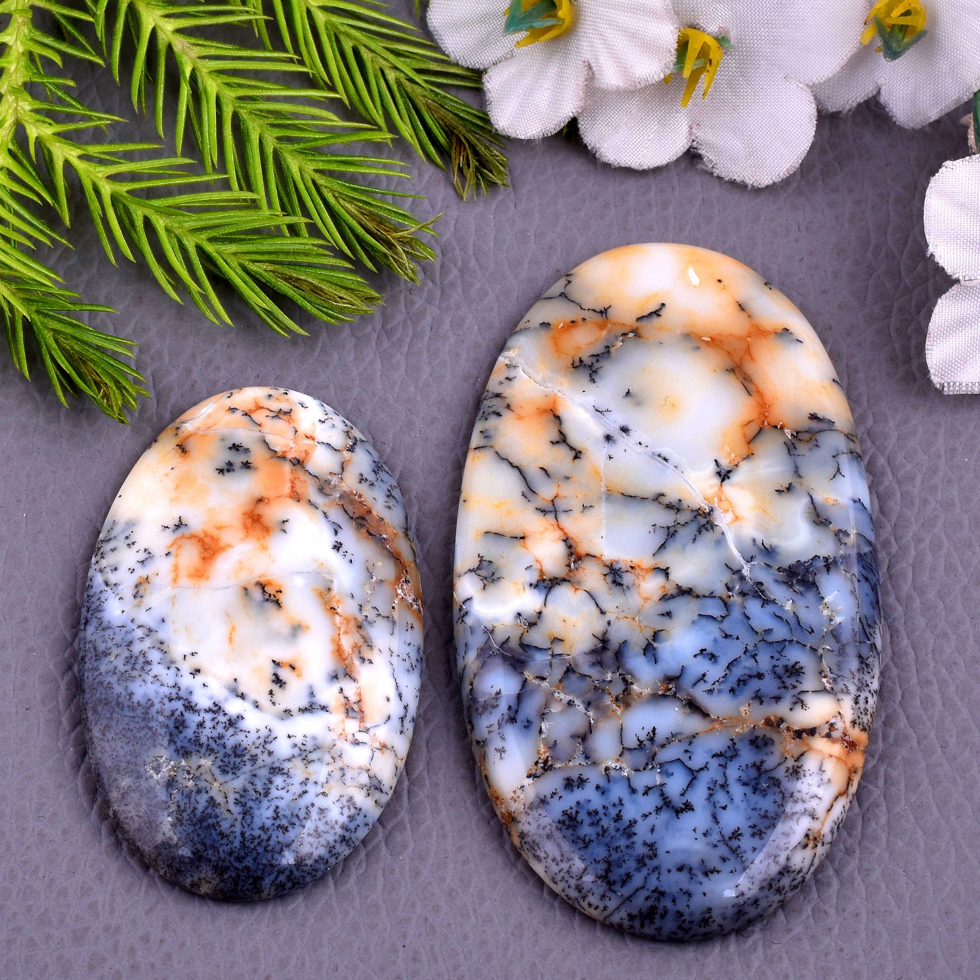 2Pcs 125CTS Natural Dendrite Opal Mix Shape Cabochon Loose Gemstone Wholesale Lot Size 61x33 45x26mm