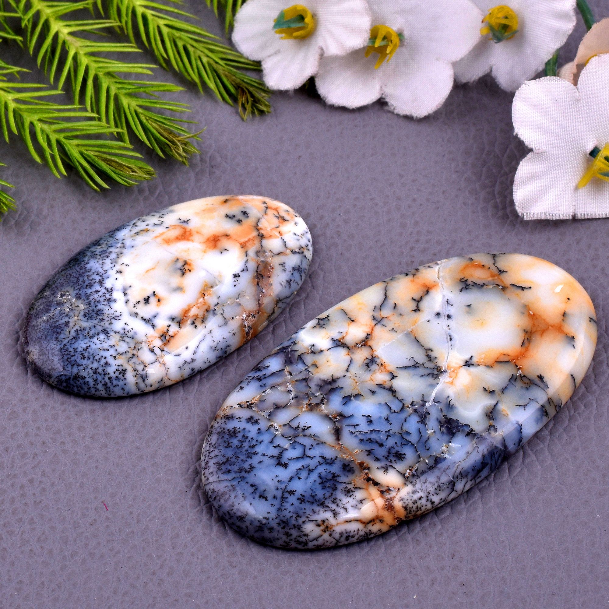 2Pcs 125CTS Natural Dendrite Opal Mix Shape Cabochon Loose Gemstone Wholesale Lot Size 61x33 45x26mm