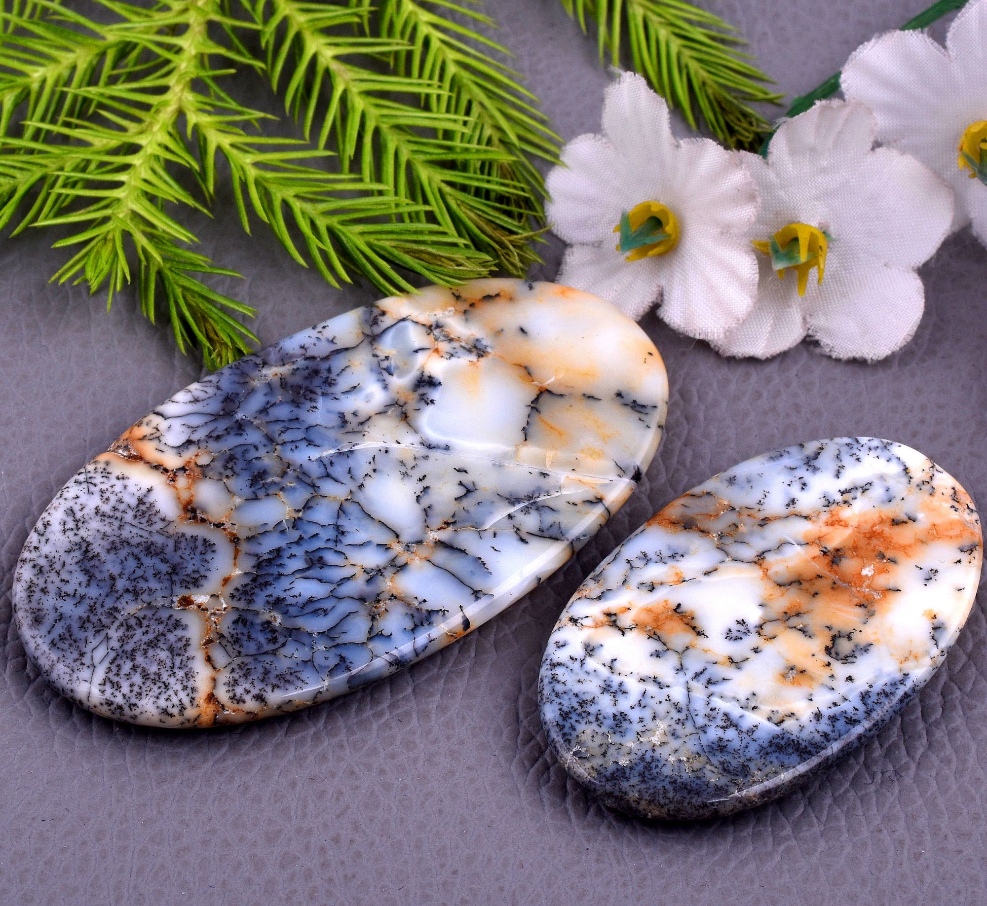 2Pcs 125CTS Natural Dendrite Opal Mix Shape Cabochon Loose Gemstone Wholesale Lot Size 61x33 45x26mm