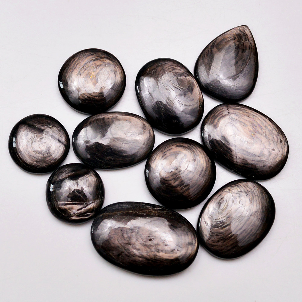 Image of 10 Pcs 201 Cts Natural Hypersthene Gemstone Cabochon Lot 29X19  16X16 mm #18952