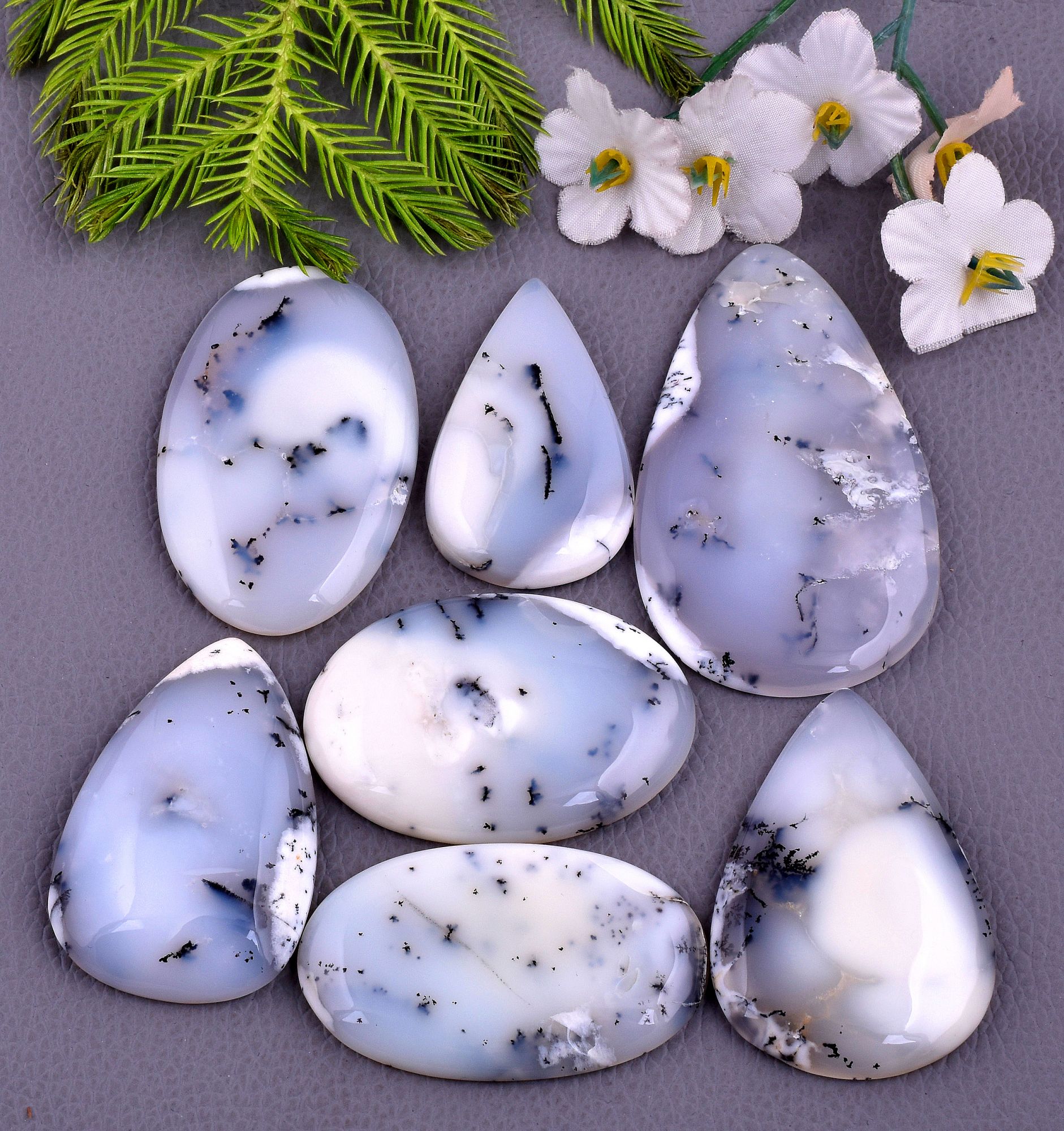 7Pcs 584CTS Natural Dendrite Opal Mix Shape Cabochon Loose Gemstone Wholesale Lot Size 64x38 43x26mm
