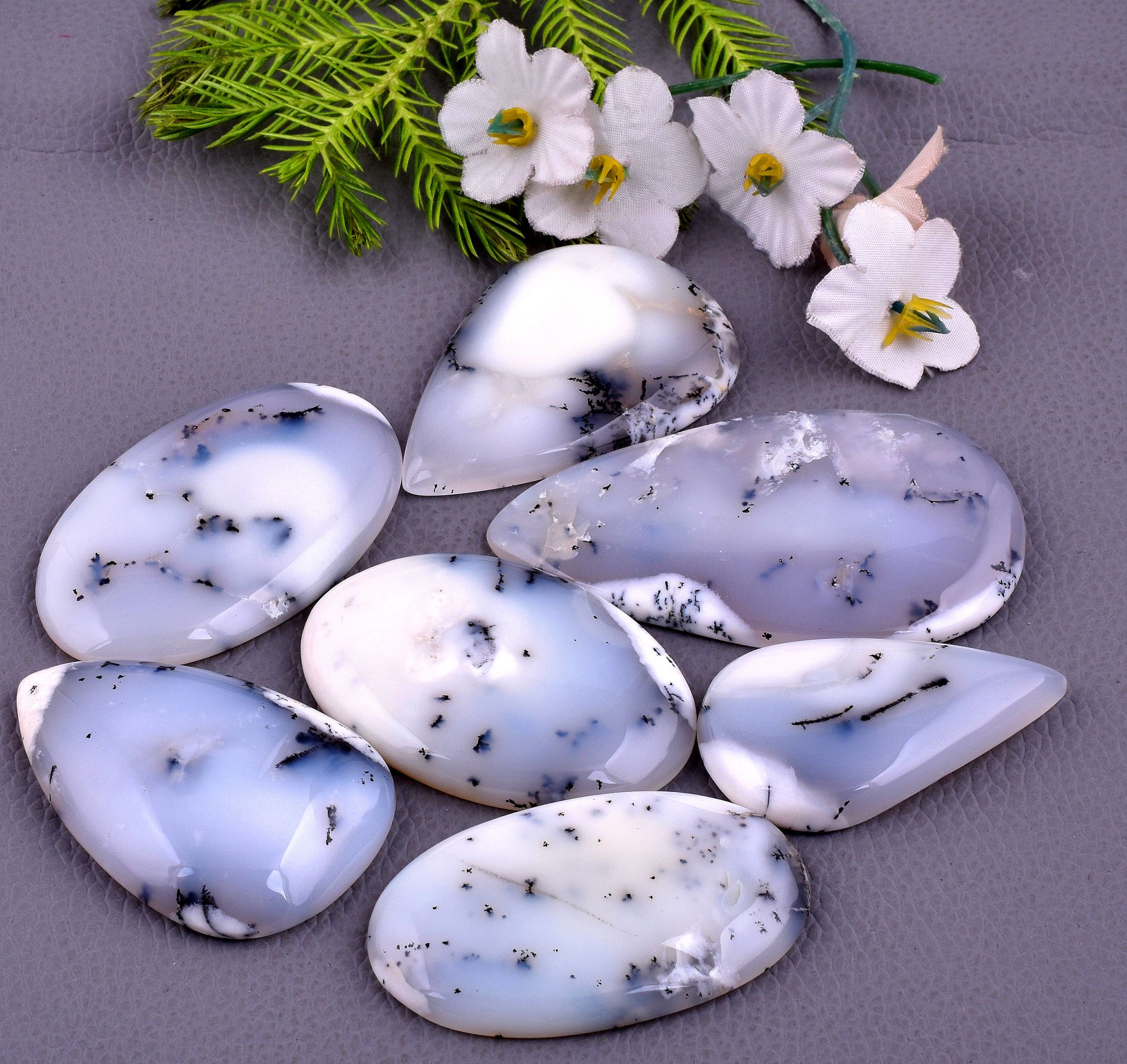 7Pcs 584CTS Natural Dendrite Opal Mix Shape Cabochon Loose Gemstone Wholesale Lot Size 64x38 43x26mm