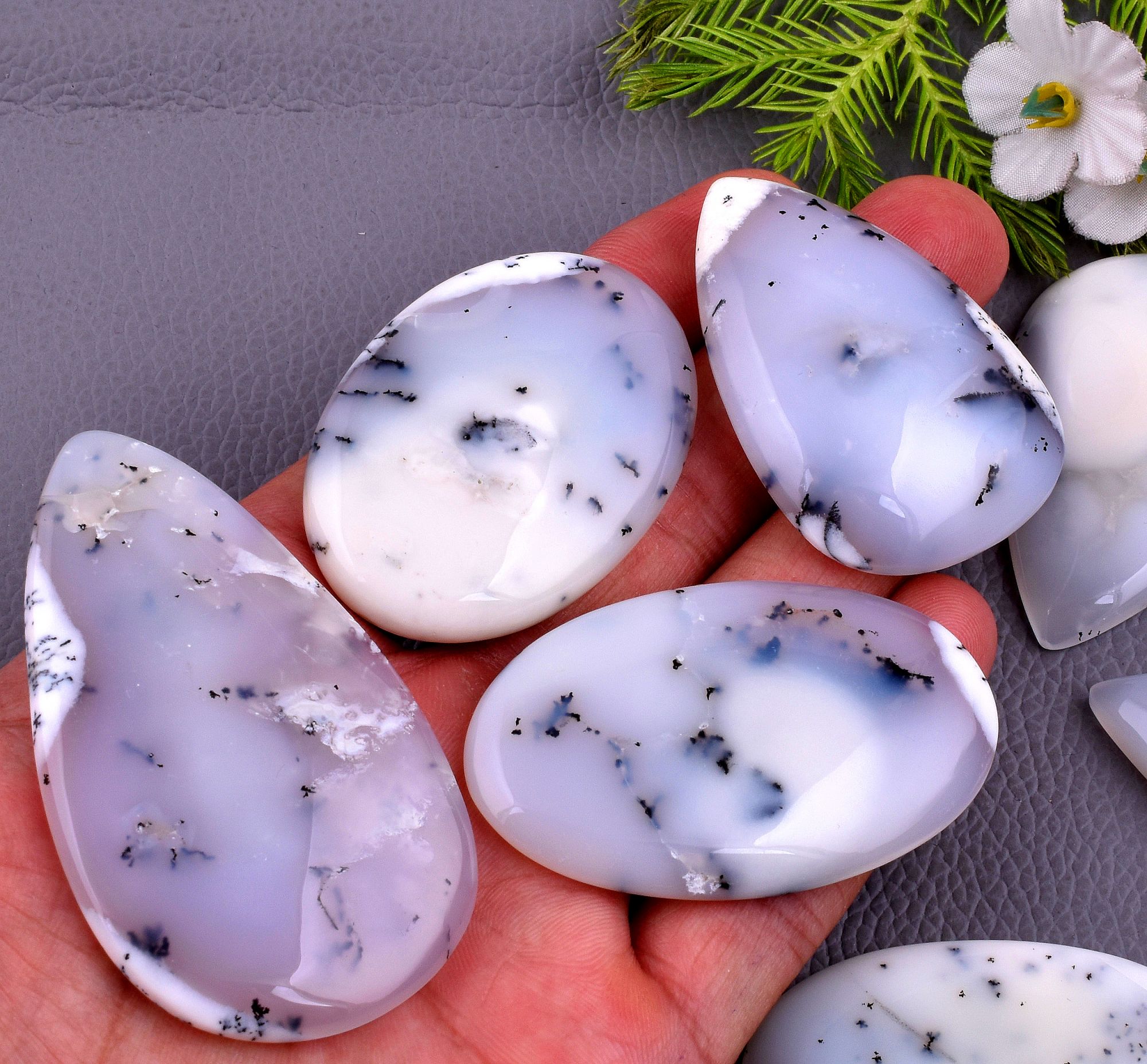 7Pcs 584CTS Natural Dendrite Opal Mix Shape Cabochon Loose Gemstone Wholesale Lot Size 64x38 43x26mm