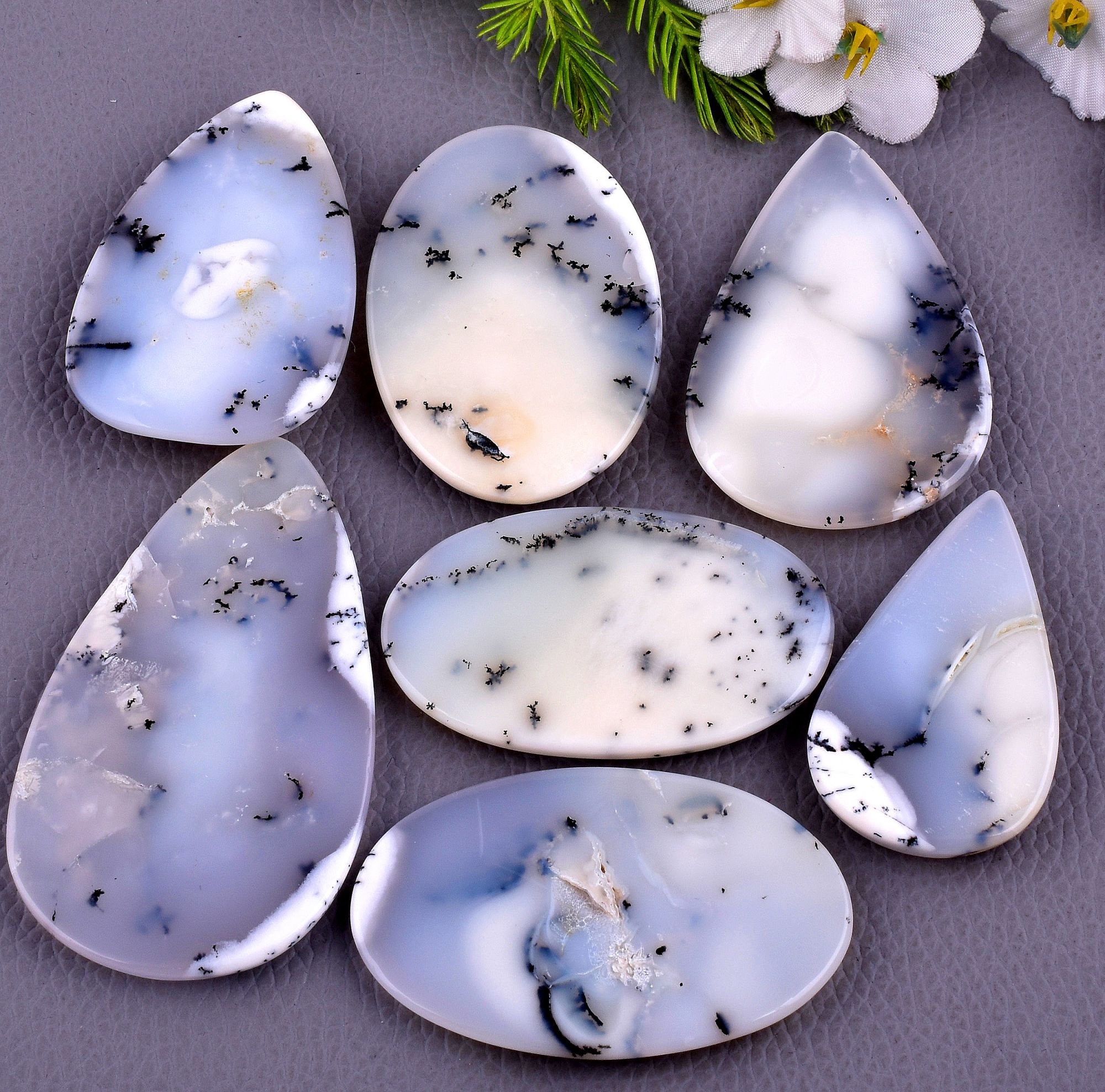 7Pcs 584CTS Natural Dendrite Opal Mix Shape Cabochon Loose Gemstone Wholesale Lot Size 64x38 43x26mm