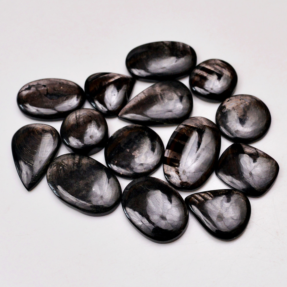Image of 14 Pcs 253 Cts Natural Hypersthene Gemstone Cabochon Lot 27x17  16x16mm #18965