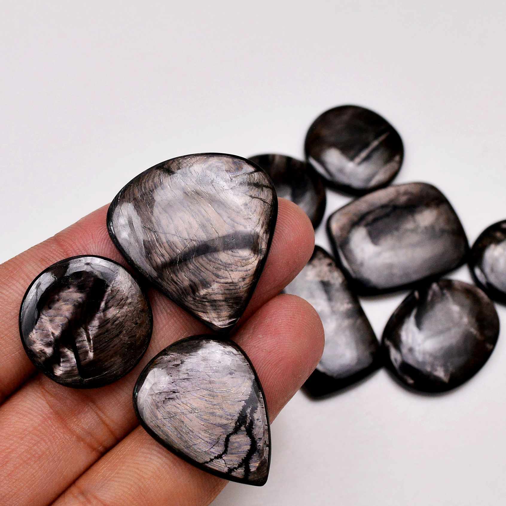 9 Pcs 287 Cts Natural Hypersthene Gemstone Cabochon Lot 32x19 22x22 mm 18970