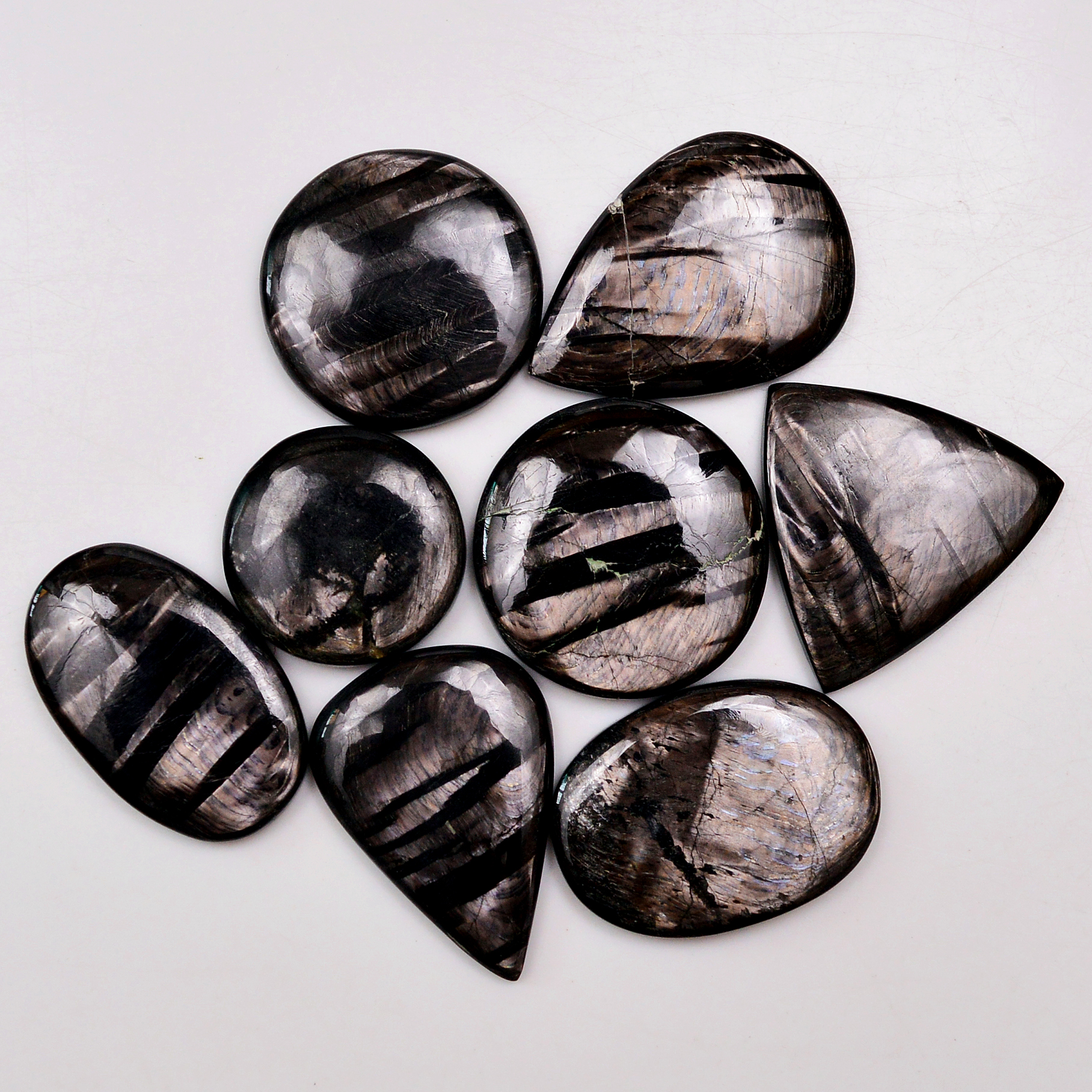 8 Pcs 219 Cts Natural Hypersthene Gemstone Cabochon Lot 31x22 20x20mm 18977