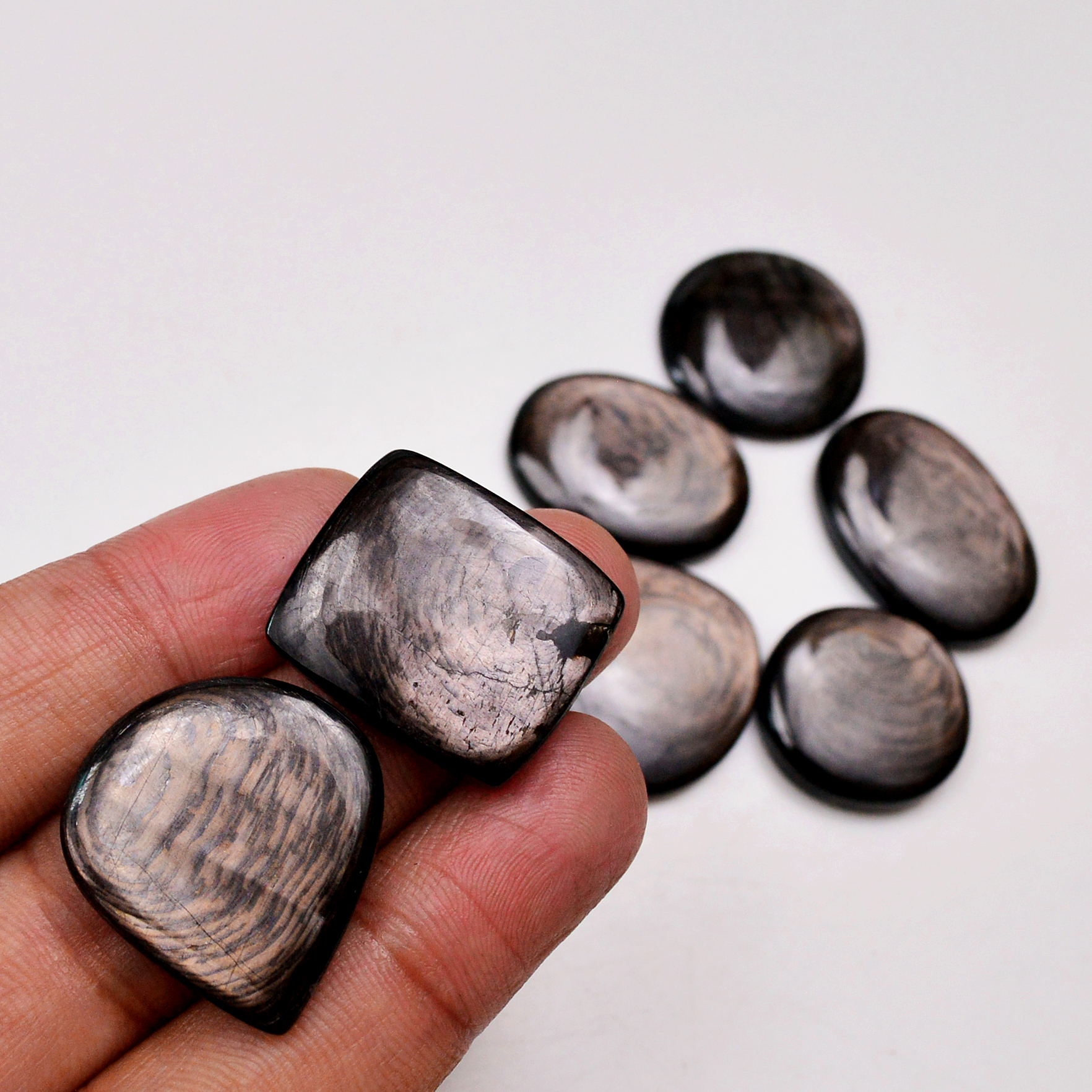 7 Pcs 220 Cts Natural Hypersthene Gemstone Cabochon Lot 31x26 22x22mm 18986