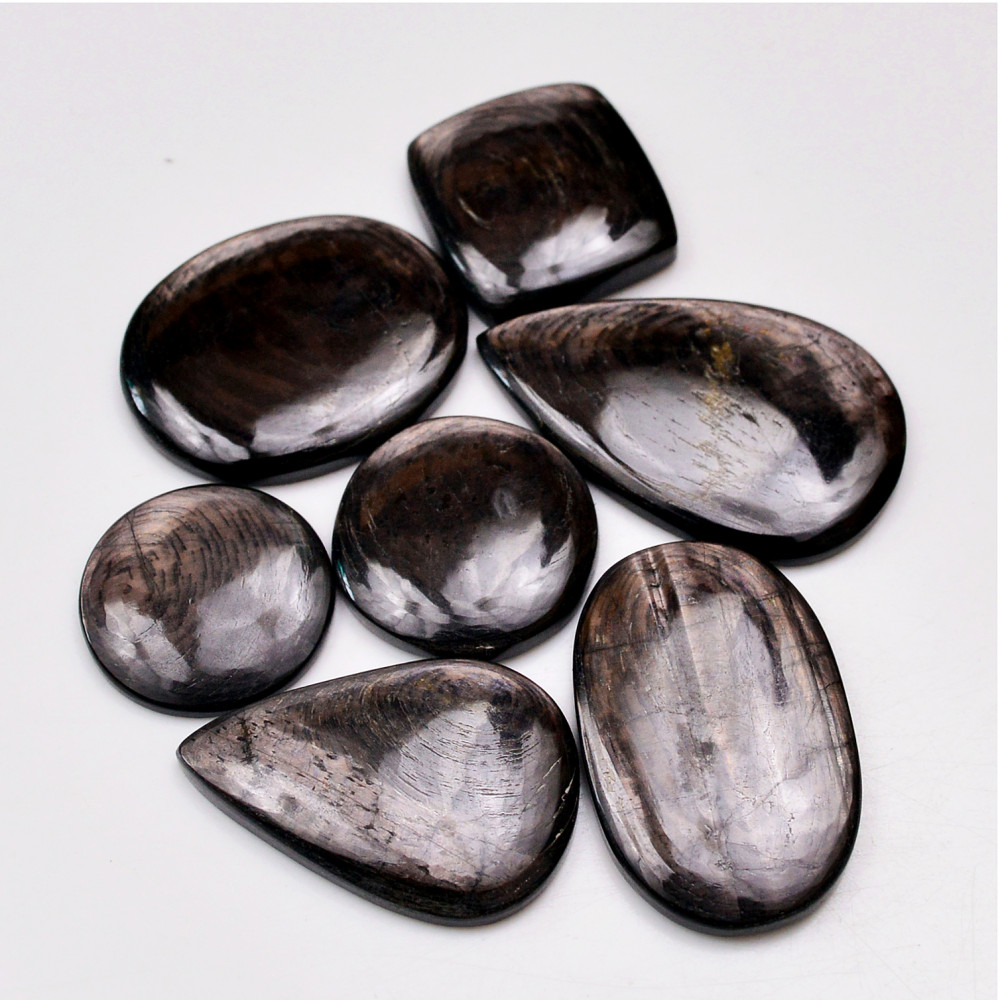 Image of 7 Pcs 225 Cts Natural Hypersthene Gemstone Cabochon Lot 38x24  21x21mm #18988