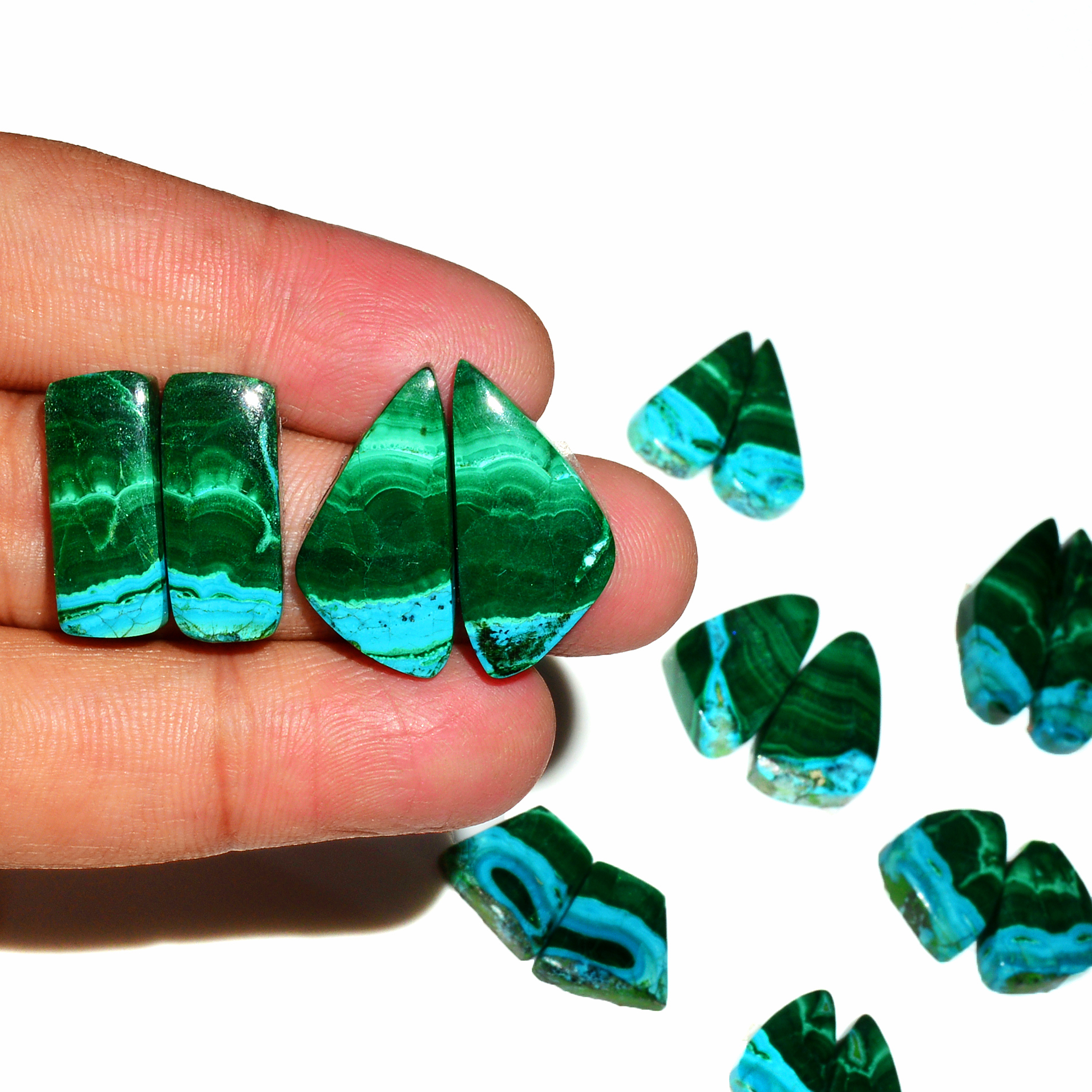9 Pairs 181Cts Natural Malachite Loose Gemstone Cabochon Pair Lot for Earrings 27x9  17x9mm 18993