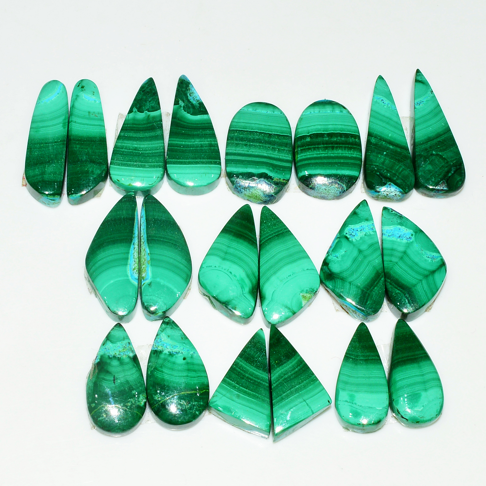 10 Pairs 137Cts Natural Malachite Loose Gemstone Cabochon Pair Lot for Silver Earrings 20x7 15x6mm 18994