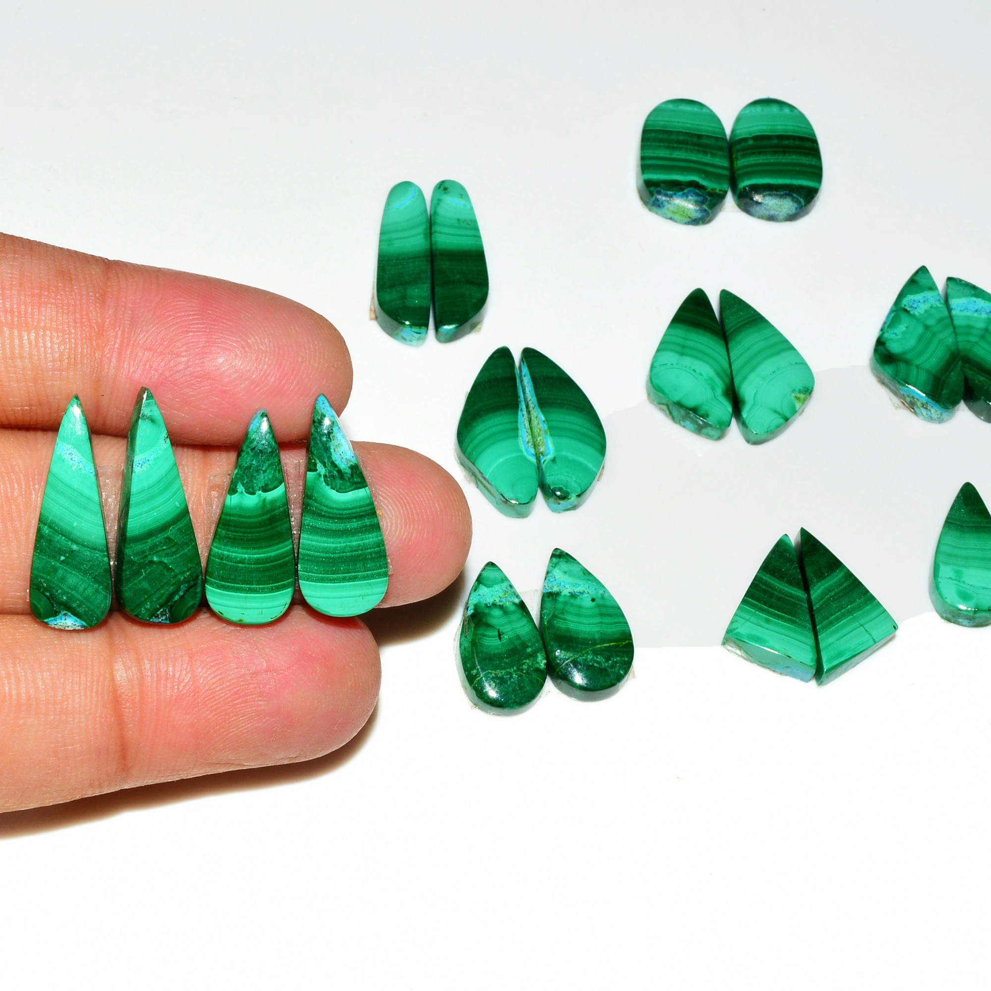 10 Pairs 137Cts Natural Malachite Loose Gemstone Cabochon Pair Lot for Silver Earrings 20x7 15x6mm 18994