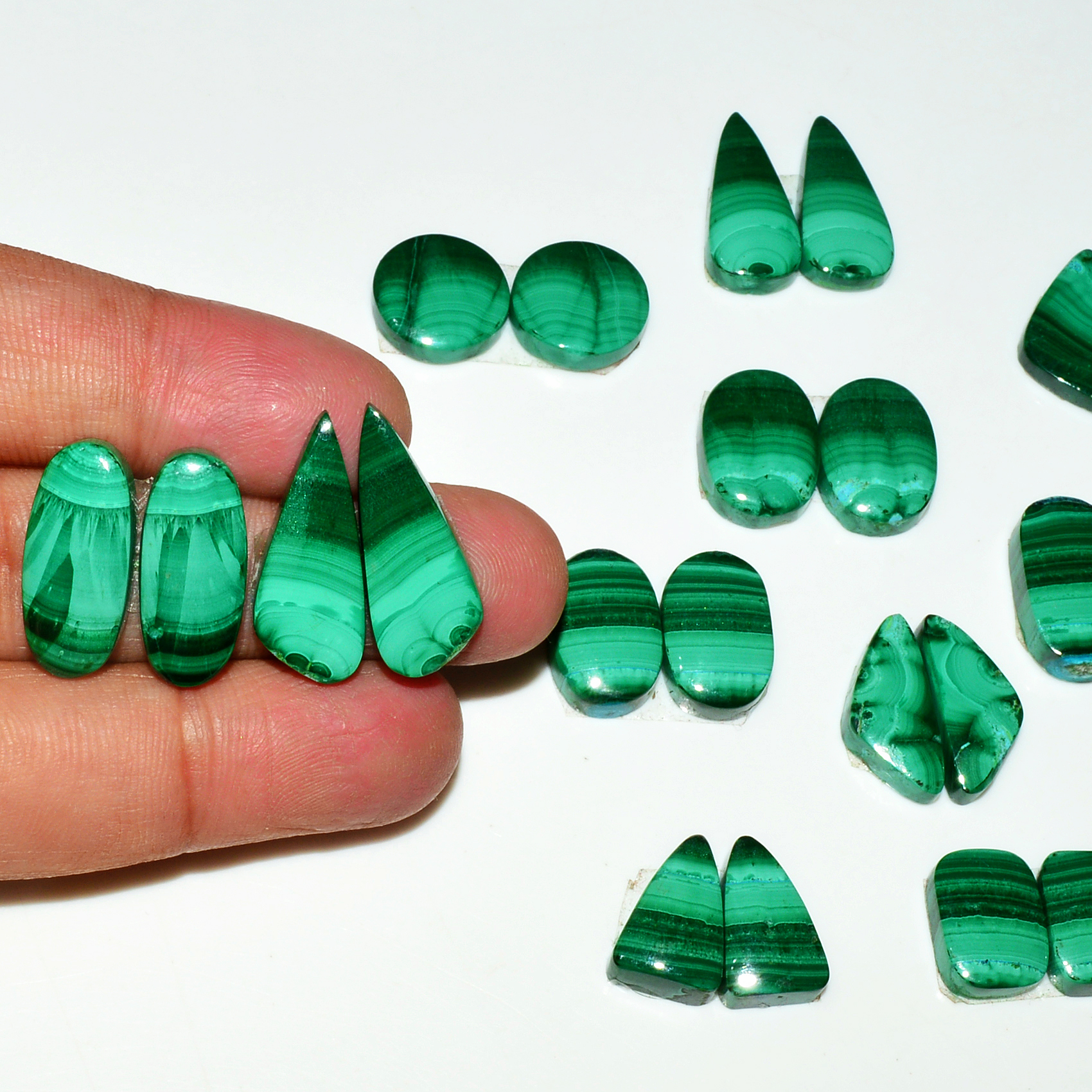 11 Pairs 219Cts Natural Malachite Loose Gemstone Cabochon Pair Lot for Silver Earrings 23x10 12x7mm 18995