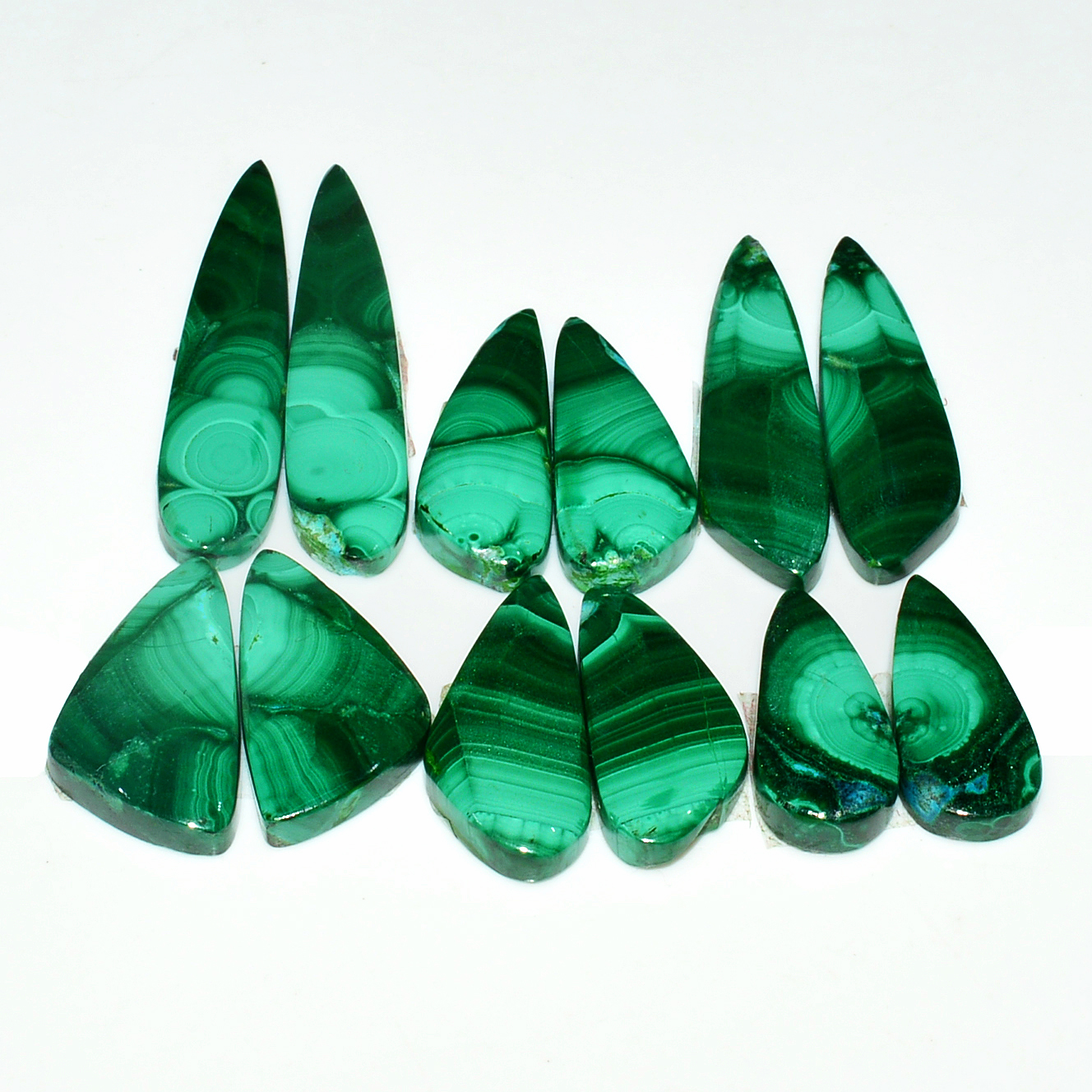 5 Pairs 182Cts Natural Malachite Loose Gemstone Cabochon Pair Lot for Silver Earrings 36x12 22x13mm 18997