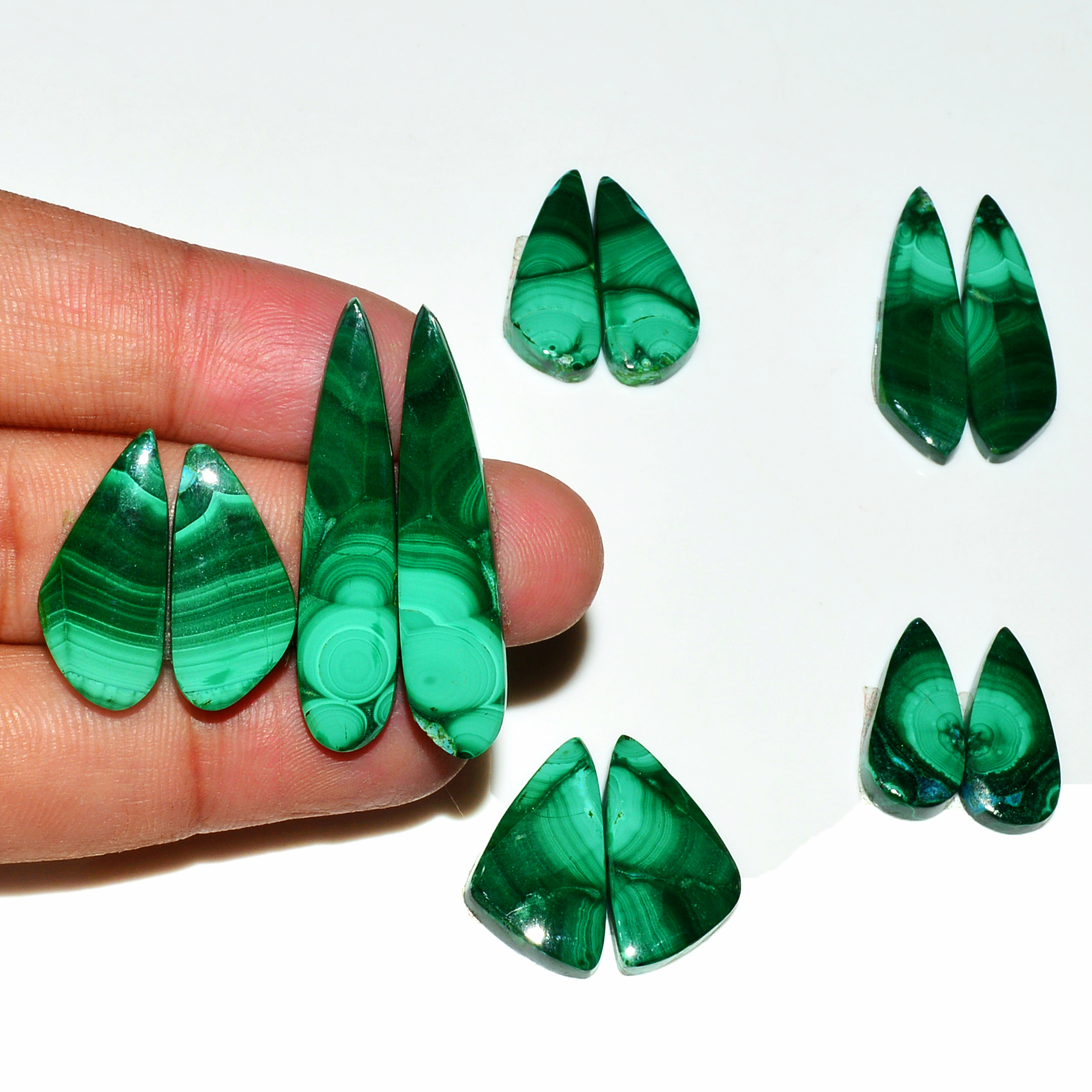 5 Pairs 182Cts Natural Malachite Loose Gemstone Cabochon Pair Lot for Silver Earrings 36x12 22x13mm 18997
