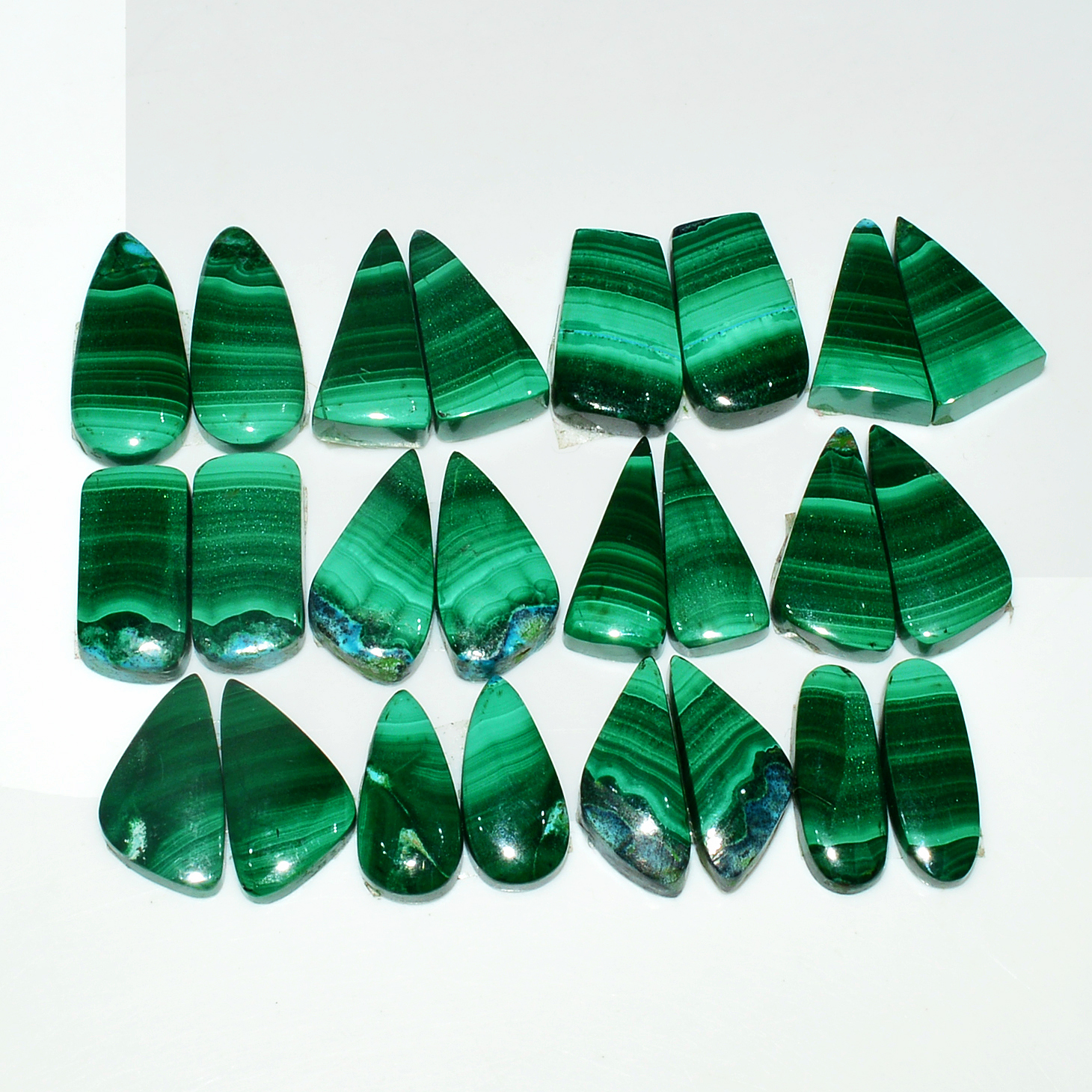12 Pairs 170Cts Natural Malachite Loose Gemstone Cabochon Pair Lot for Silver Earrings 20x10 17x8mm 18999