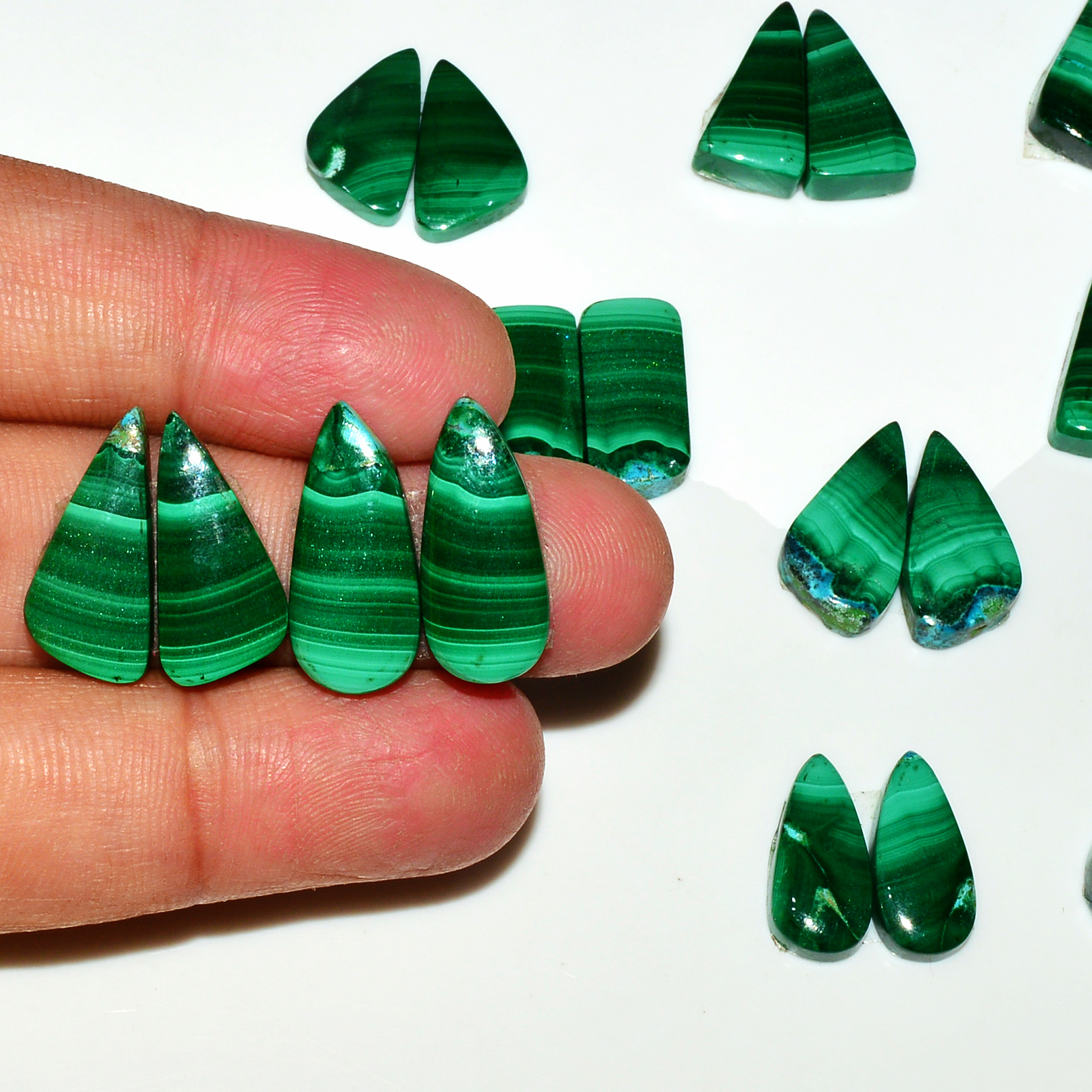 12 Pairs 170Cts Natural Malachite Loose Gemstone Cabochon Pair Lot for Silver Earrings 20x10 17x8mm 18999