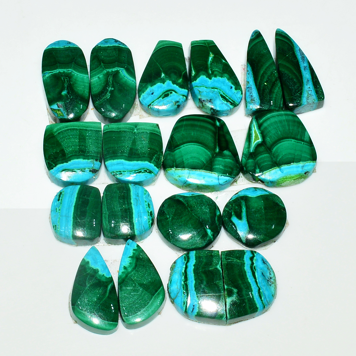 9 Pairs 113Cts Natural Malachite Loose Gemstone Cabochon Pair Lot for Silver Earrings 19x10 10x10mm 19002