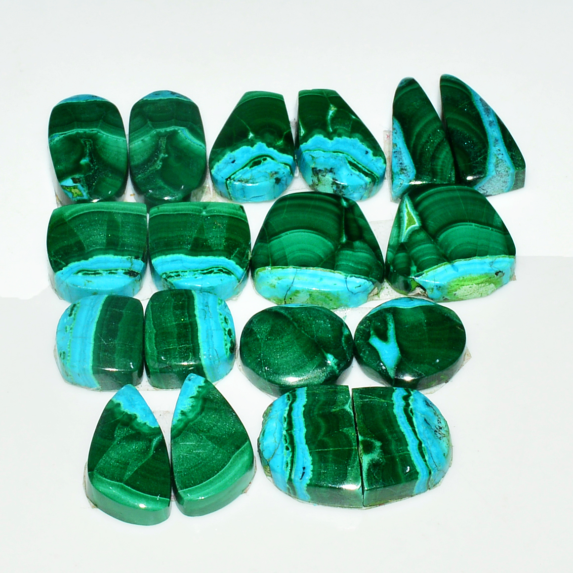 9 Pairs 113Cts Natural Malachite Loose Gemstone Cabochon Pair Lot for Silver Earrings 19x10 10x10mm 19002
