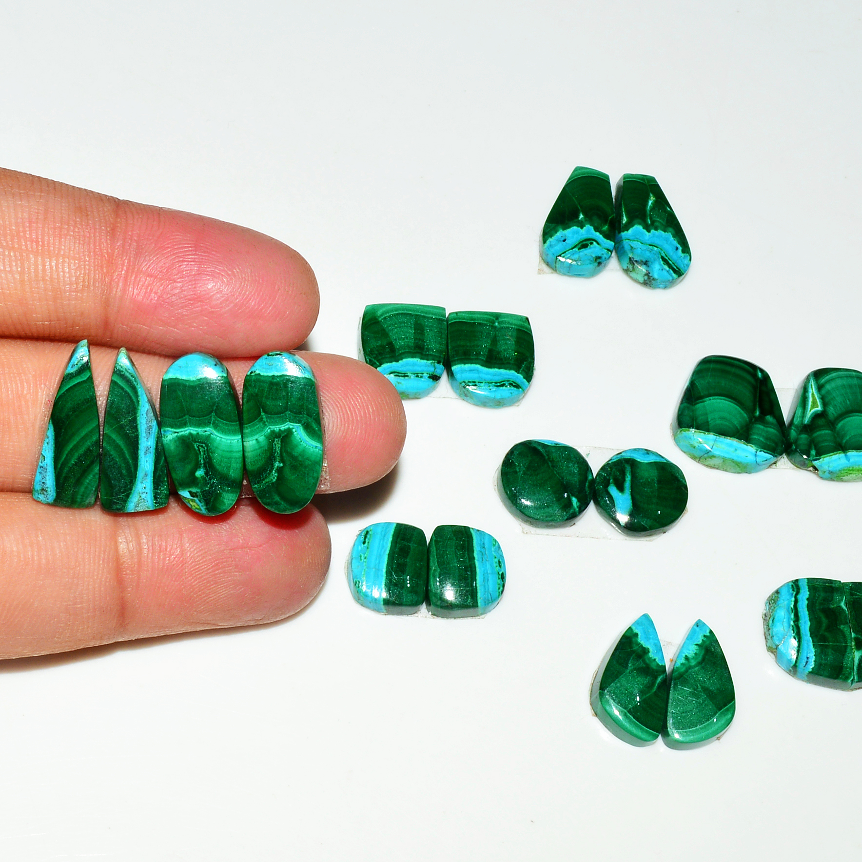 9 Pairs 113Cts Natural Malachite Loose Gemstone Cabochon Pair Lot for Silver Earrings 19x10 10x10mm 19002
