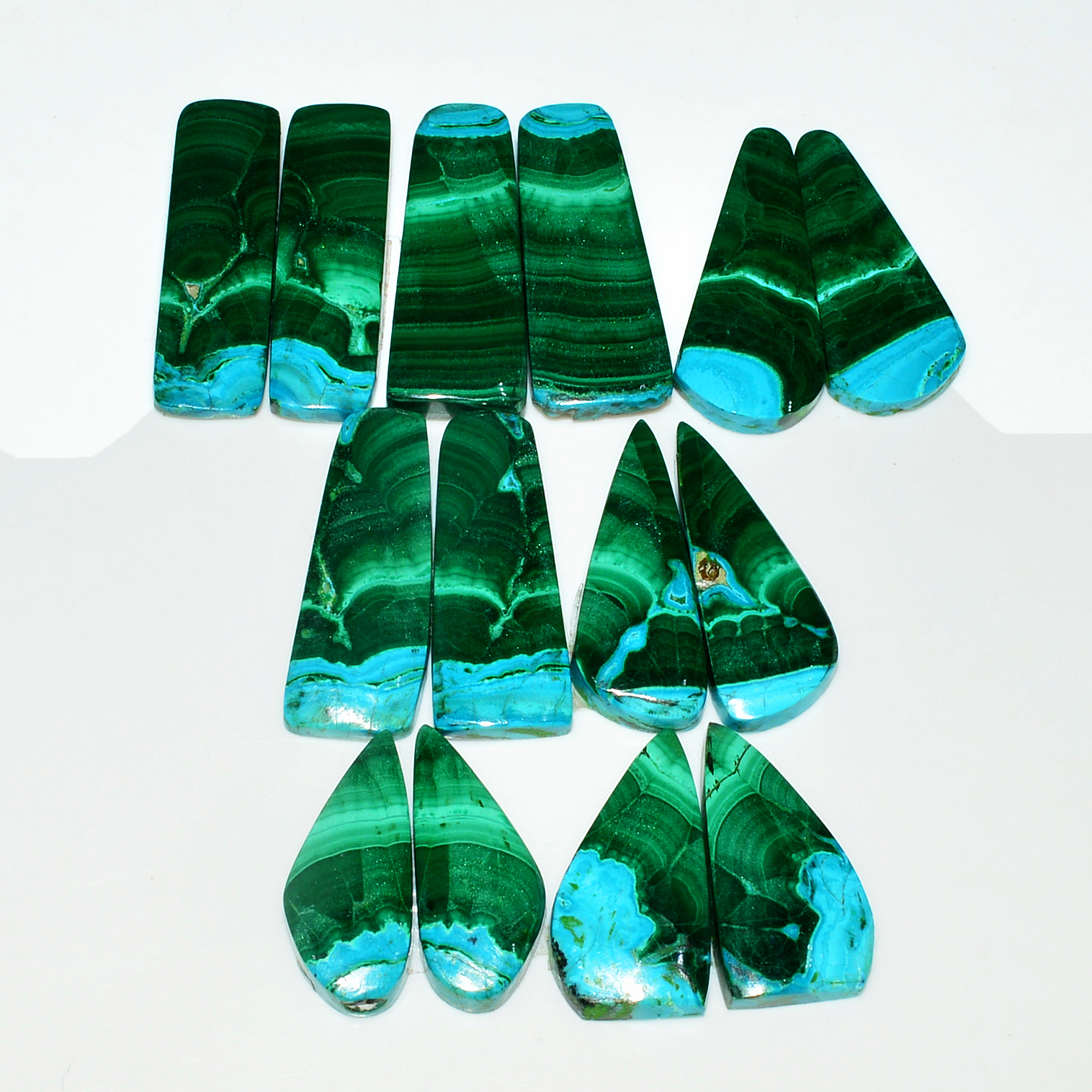 7 Pairs 234Cts Natural Malachite Loose Gemstone Cabochon Pair Lot for Silver Earrings 33x10 25x11mm 19004