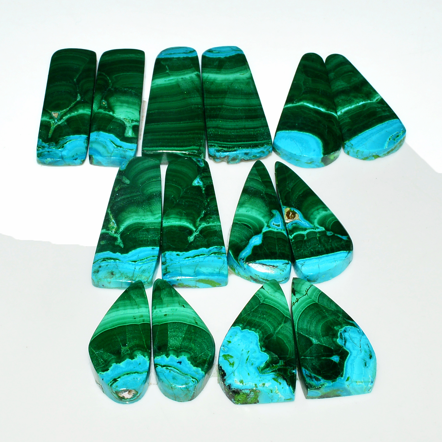 7 Pairs 234Cts Natural Malachite Loose Gemstone Cabochon Pair Lot for Silver Earrings 33x10 25x11mm 19004
