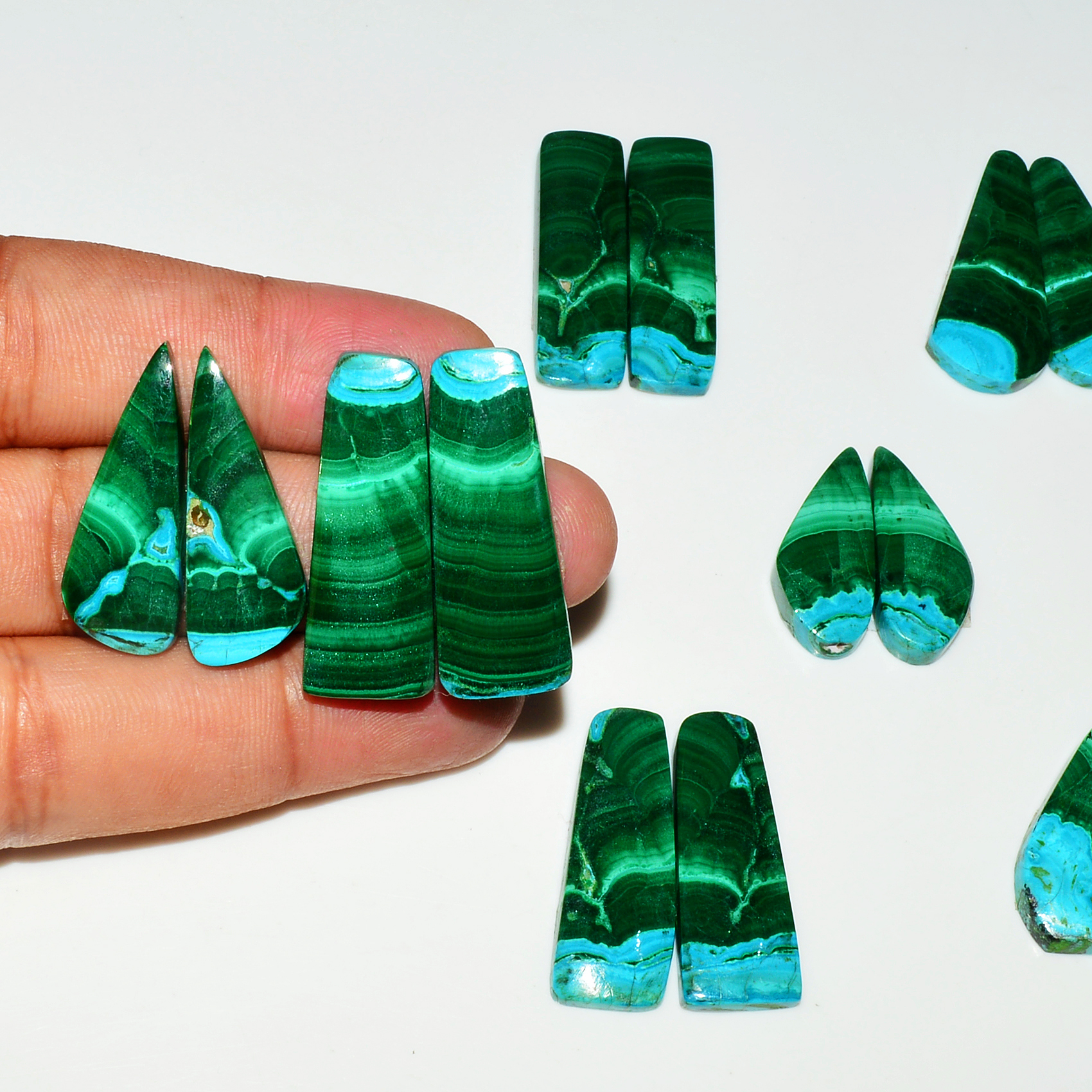 7 Pairs 234Cts Natural Malachite Loose Gemstone Cabochon Pair Lot for Silver Earrings 33x10 25x11mm 19004