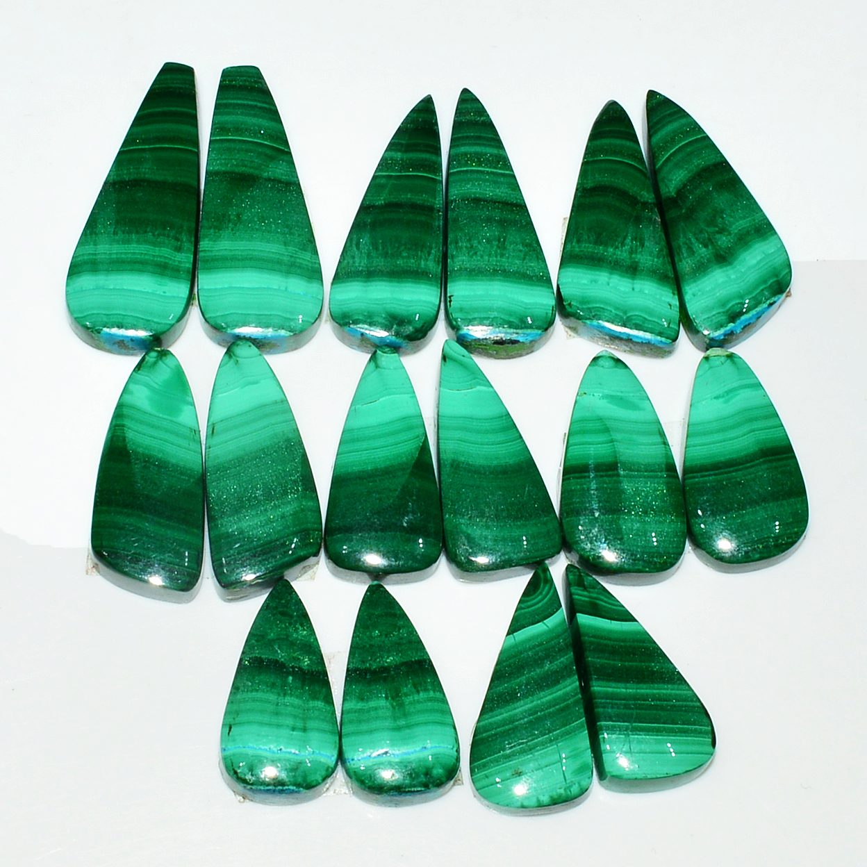 8 Pairs 170Cts Natural Malachite Loose Gemstone Cabochon Pair Lot for Silver Earrings 29x10 20x10mm 19005