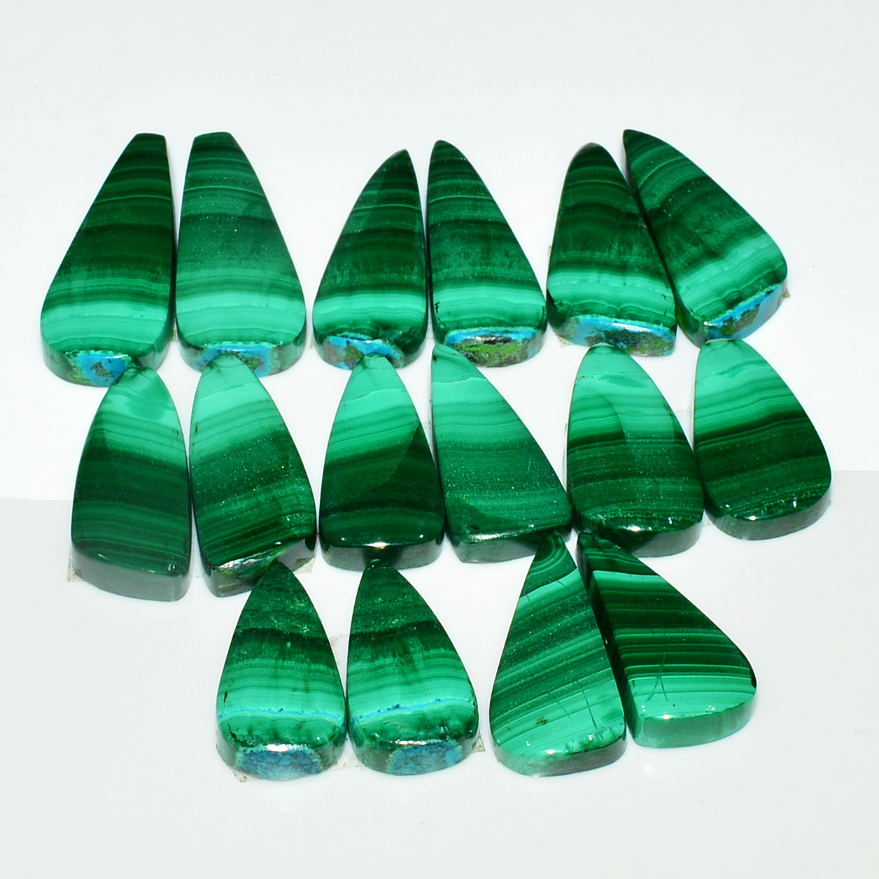 8 Pairs 170Cts Natural Malachite Loose Gemstone Cabochon Pair Lot for Silver Earrings 29x10 20x10mm 19005