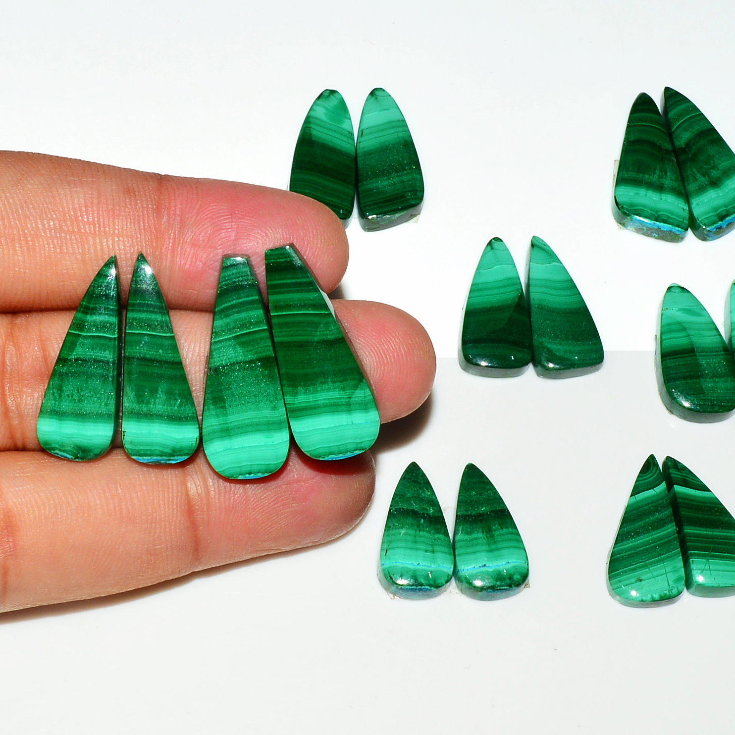 8 Pairs 170Cts Natural Malachite Loose Gemstone Cabochon Pair Lot for Silver Earrings 29x10 20x10mm 19005