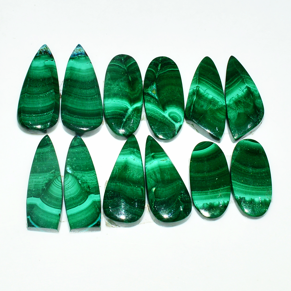 6 Pairs 112Cts Natural Malachite Loose Gemstone Cabochon Pair Lot for Silver Earrings 24x11 20x10mm 19006