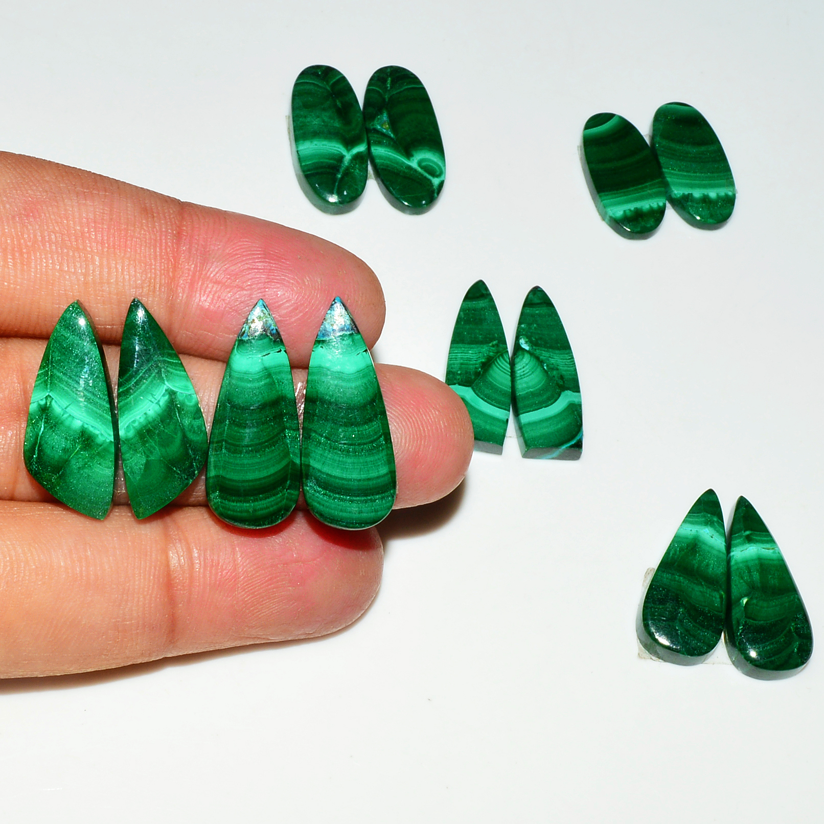 6 Pairs 112Cts Natural Malachite Loose Gemstone Cabochon Pair Lot for Silver Earrings 24x11 20x10mm 19006