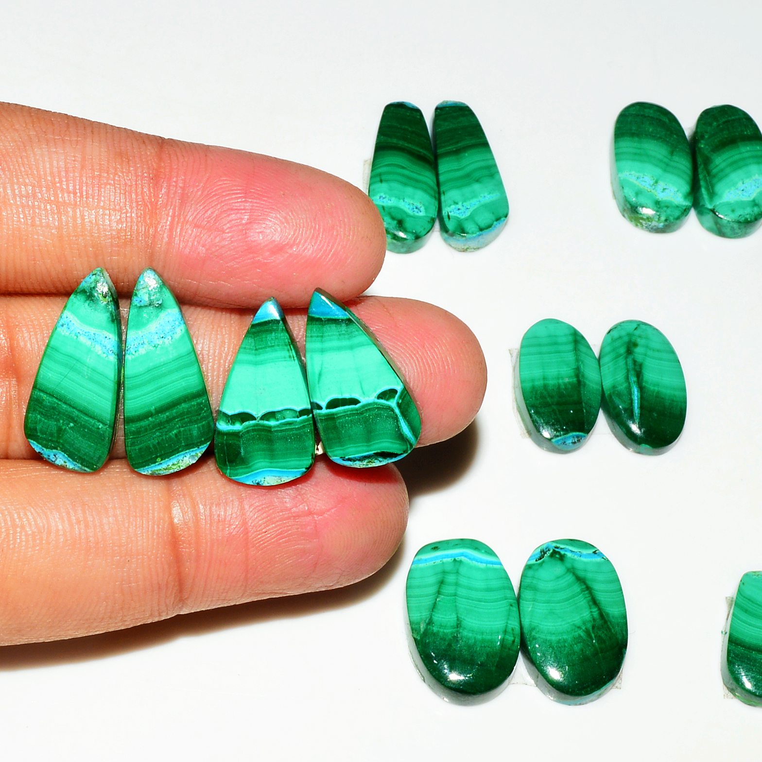 8 Pairs 153Cts Natural Malachite Loose Gemstone Cabochon Pair Lot for Silver Earrings 21X9 20X8mm 19007